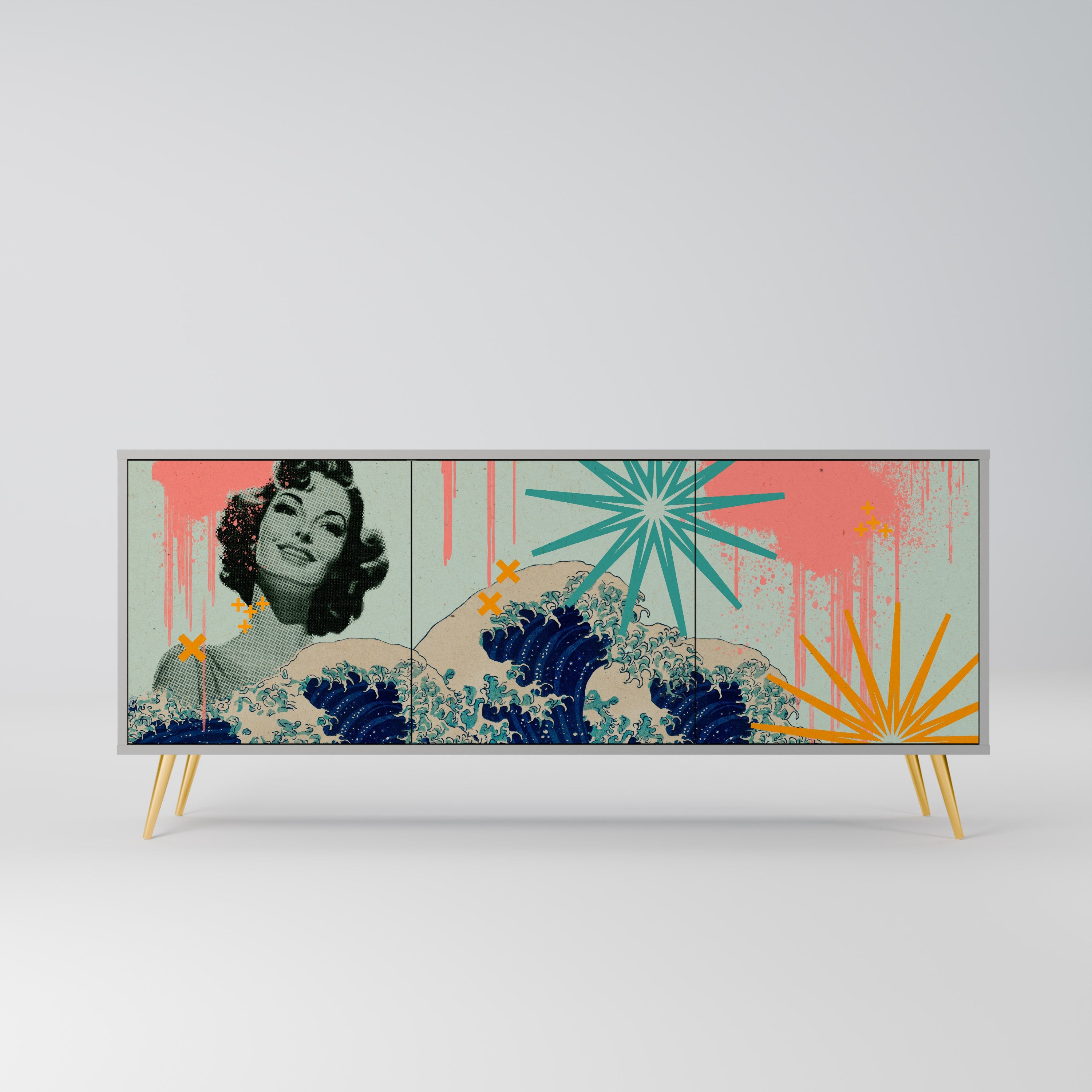 KANAGAWA BEAUTY Aparador de 3 Portas em Acabamento Cinzento