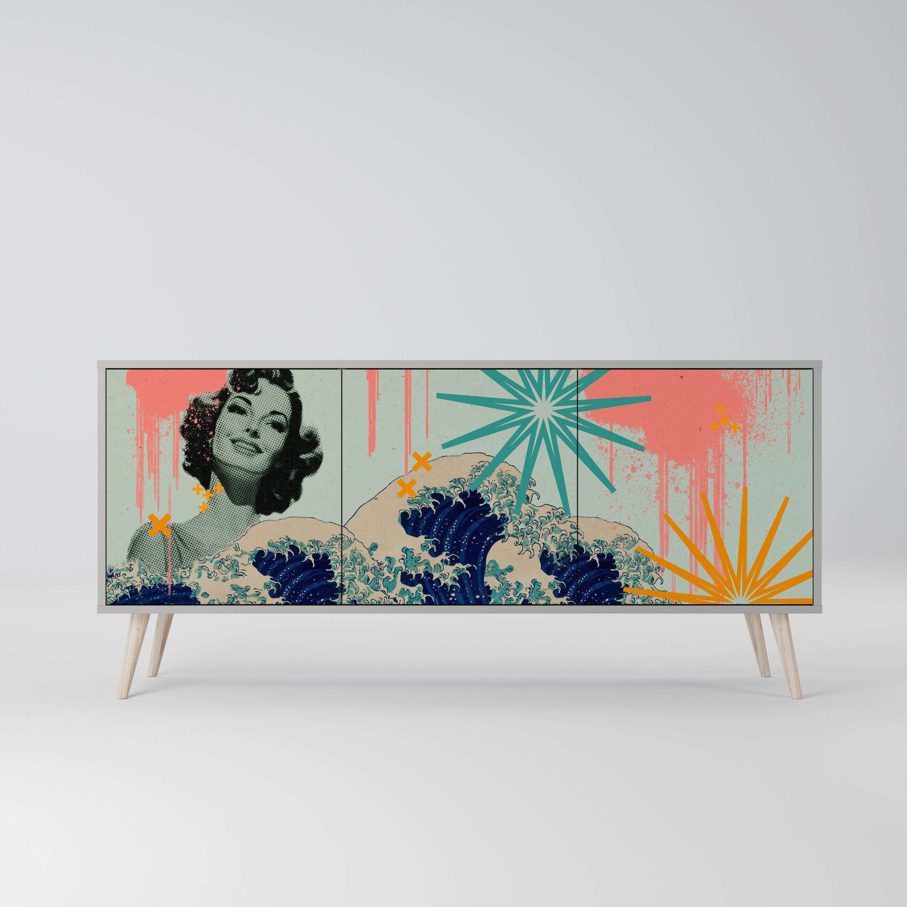 KANAGAWA BEAUTY Aparador de 3 Portas em Acabamento Cinzento