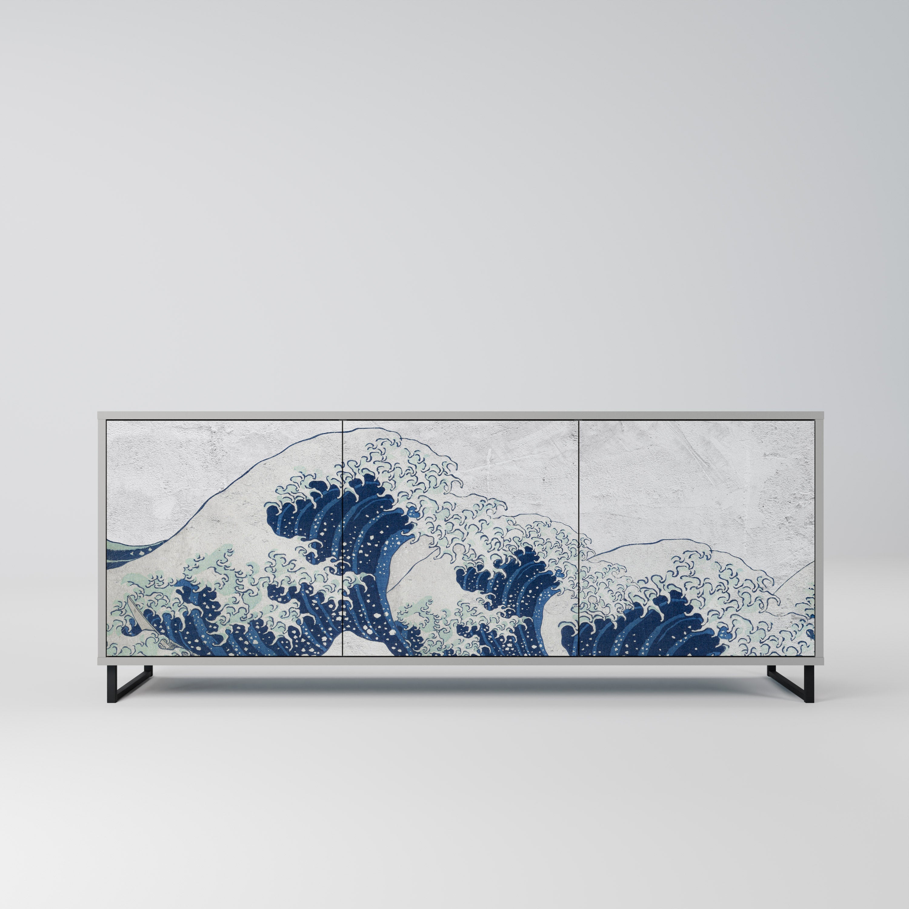 THE GREAT WAVE AT KANAGAWA 3-Door Sideboard in Grey Finish