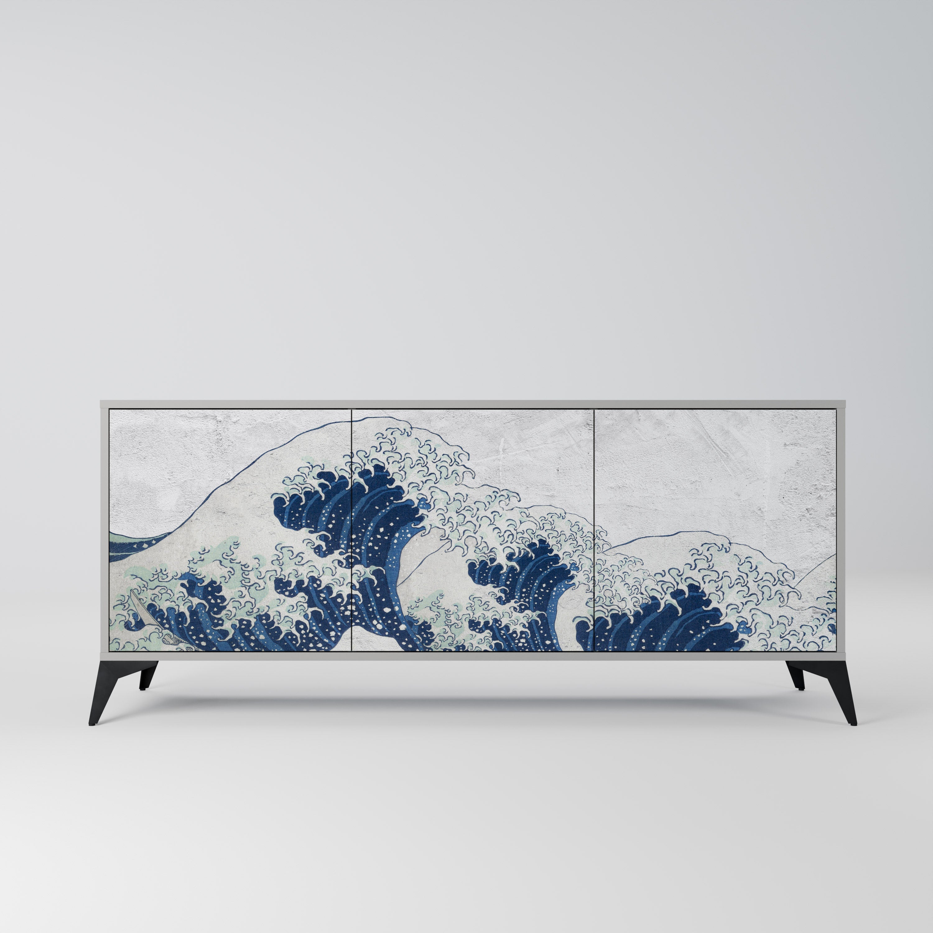 THE GREAT WAVE AT KANAGAWA 3-Door Sideboard in Grey Finish