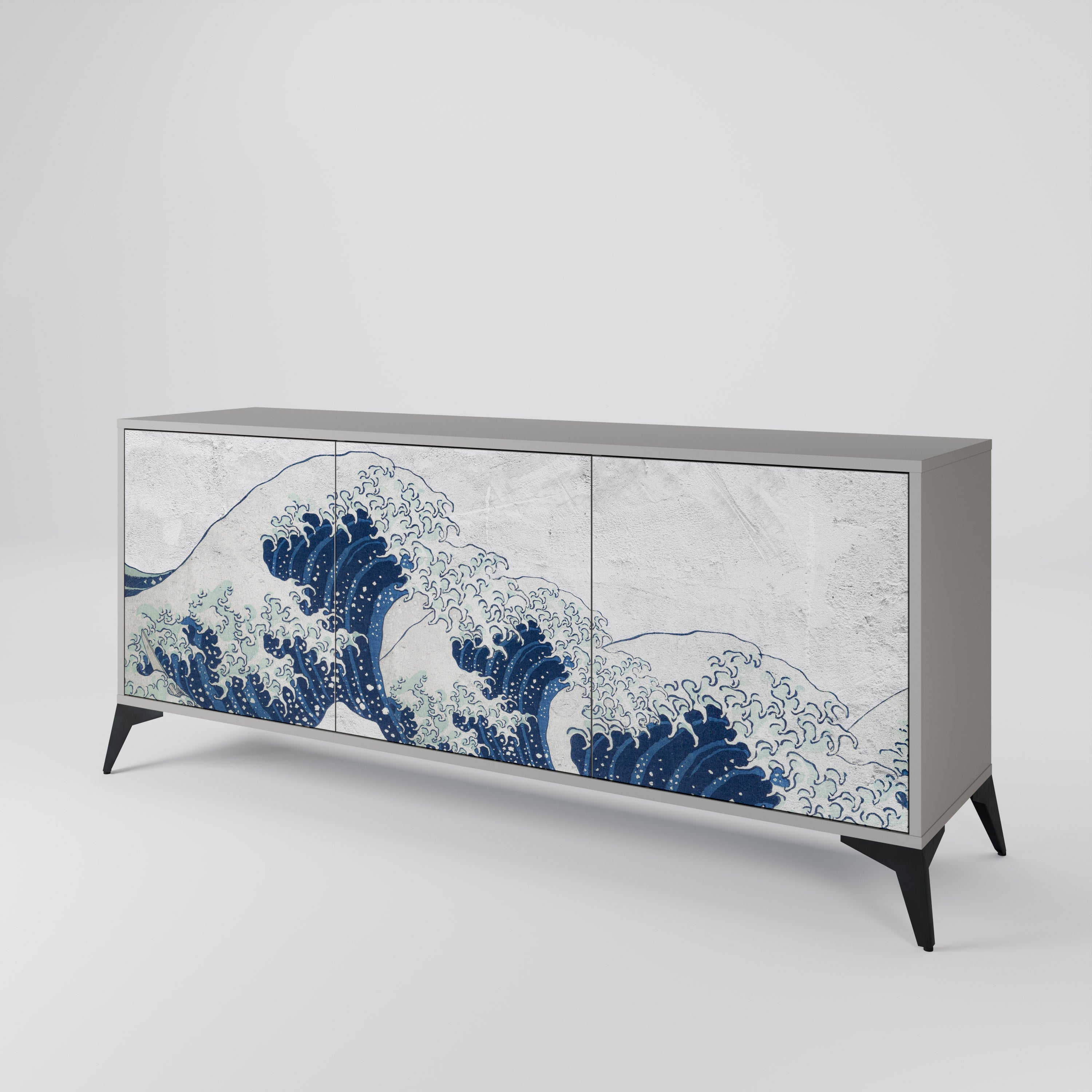 THE GREAT WAVE AT KANAGAWA 3-Door Sideboard in Grey Finish