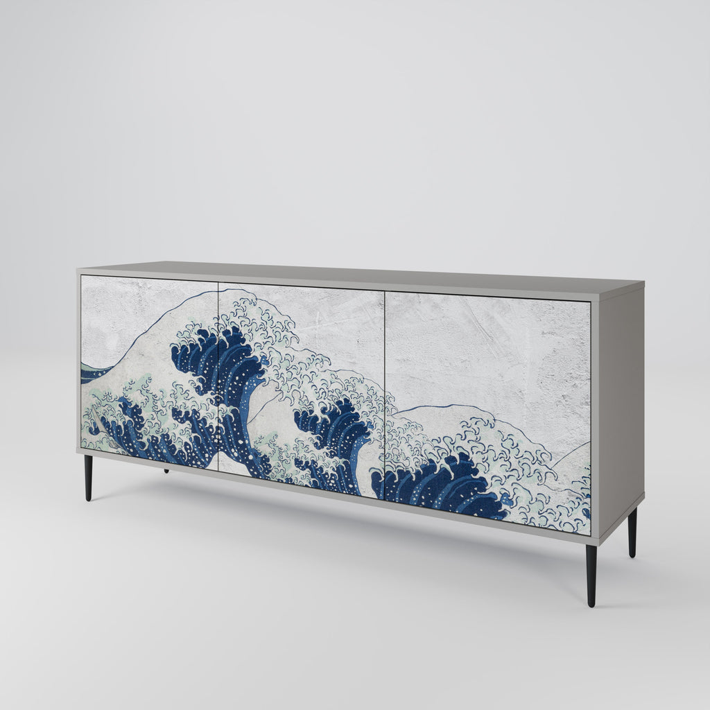 THE GREAT WAVE AT KANAGAWA 3-Door Sideboard in Grey Finish