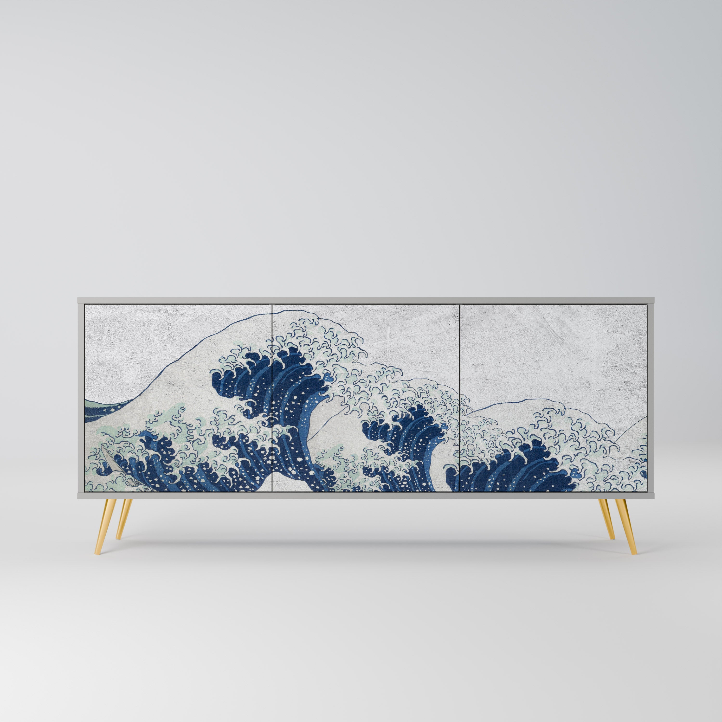THE GREAT WAVE AT KANAGAWA 3-Door Sideboard in Grey Finish