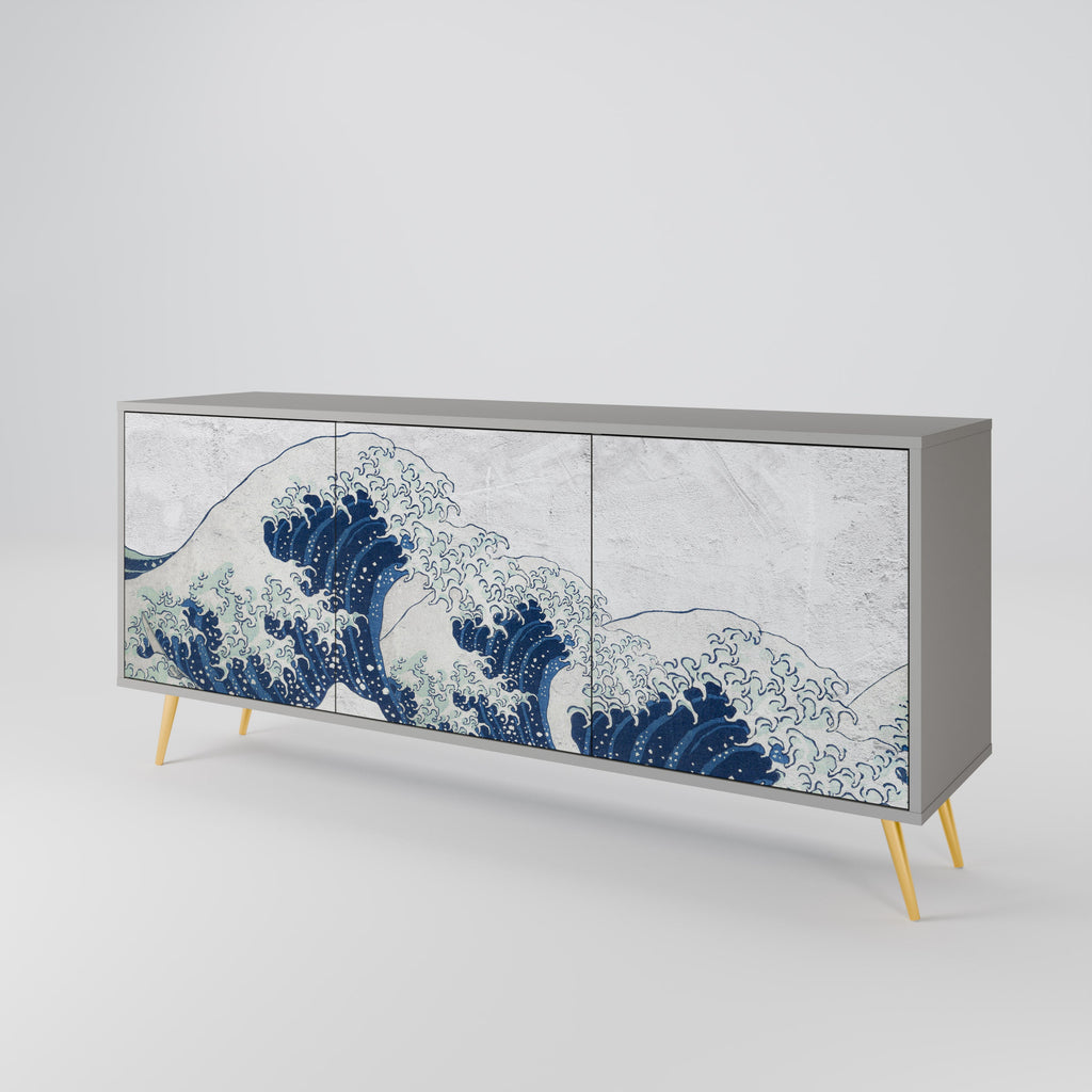 THE GREAT WAVE AT KANAGAWA 3-Door Sideboard in Grey Finish