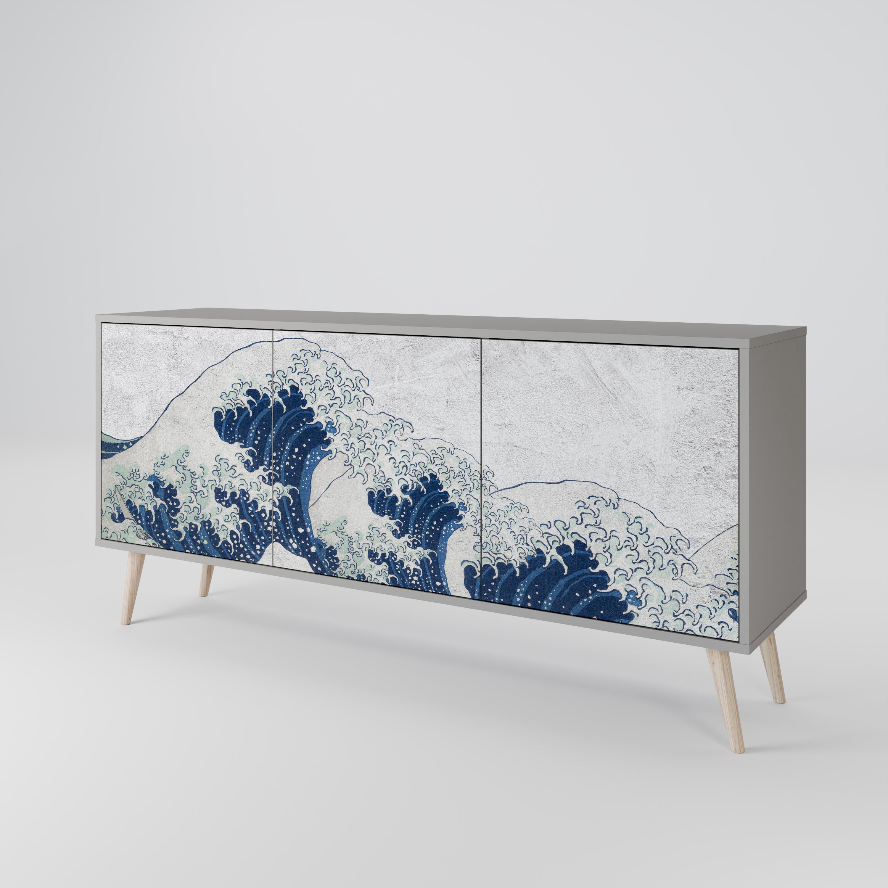 THE GREAT WAVE AT KANAGAWA 3-Door Sideboard in Grey Finish