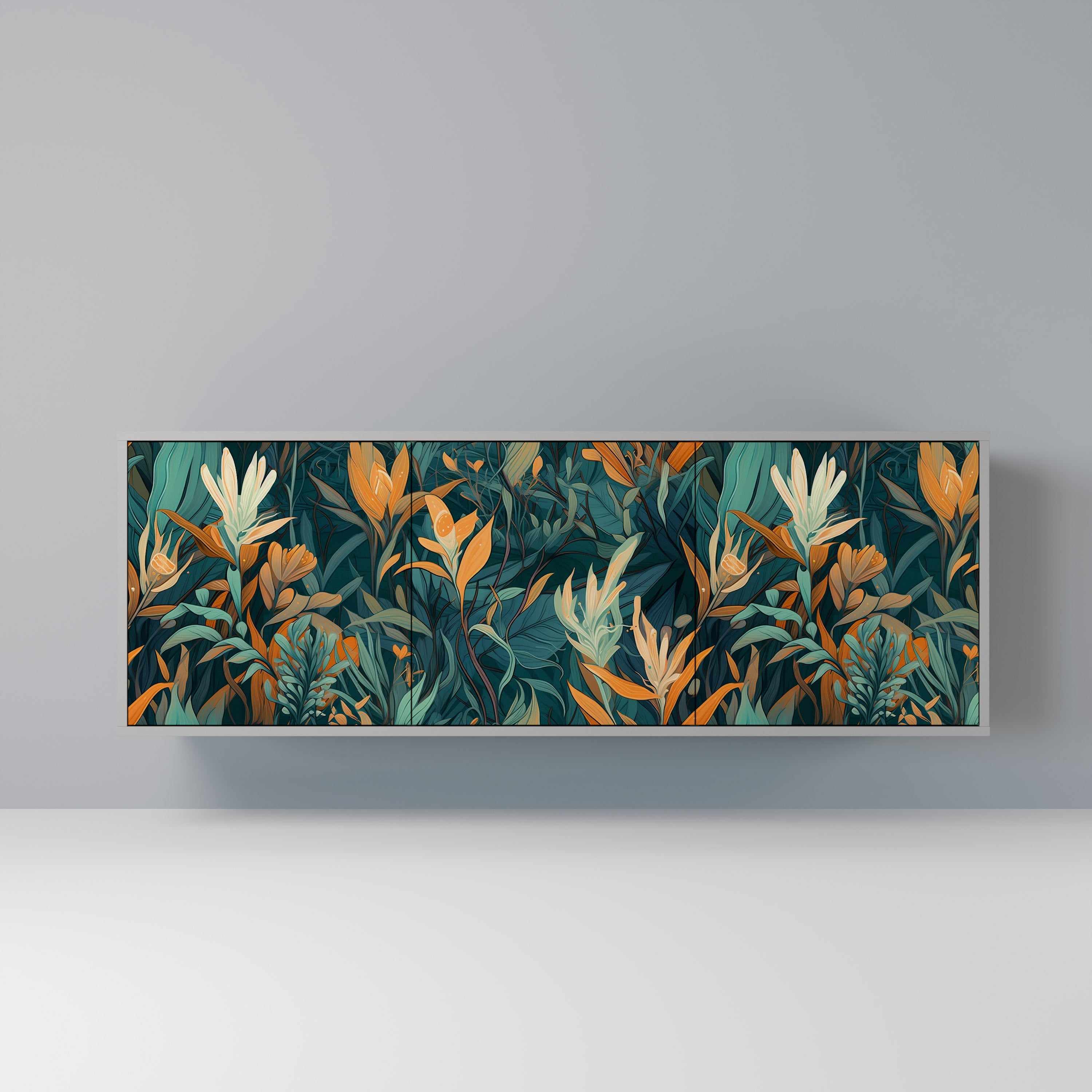 FLORAL SERENITY 3-Door Sideboard in Grey Finish