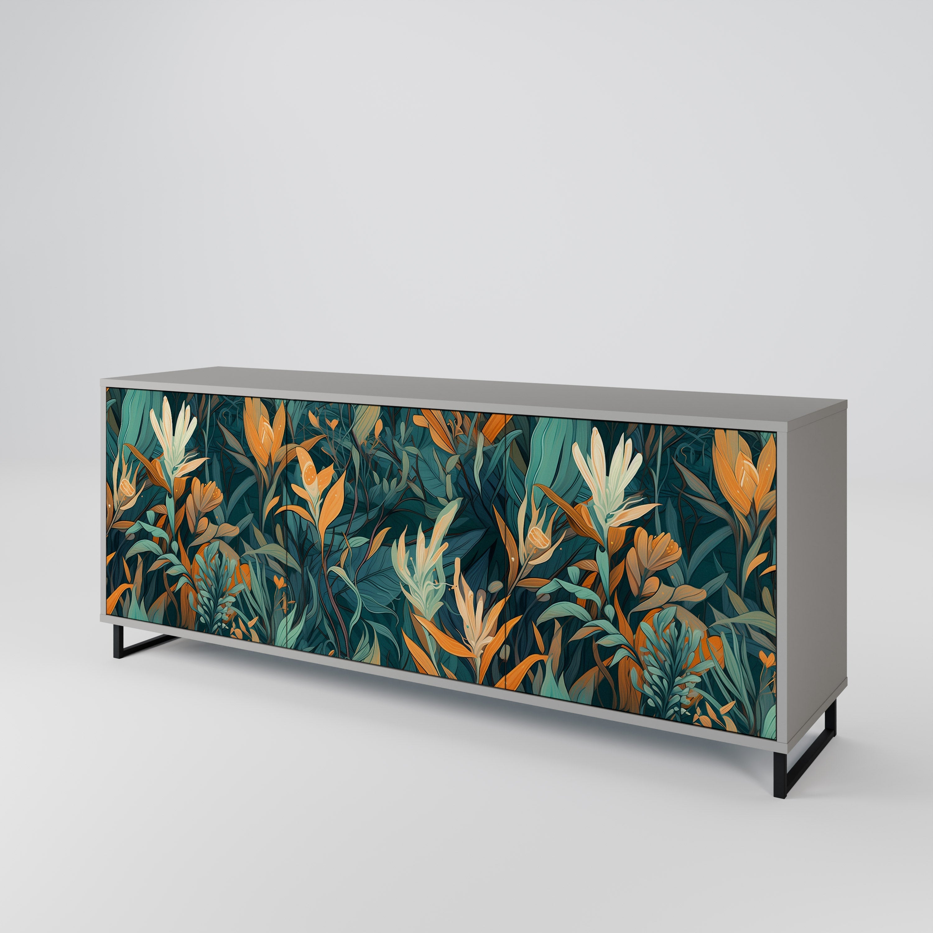 FLORAL SERENITY 3-Door Sideboard in Grey Finish