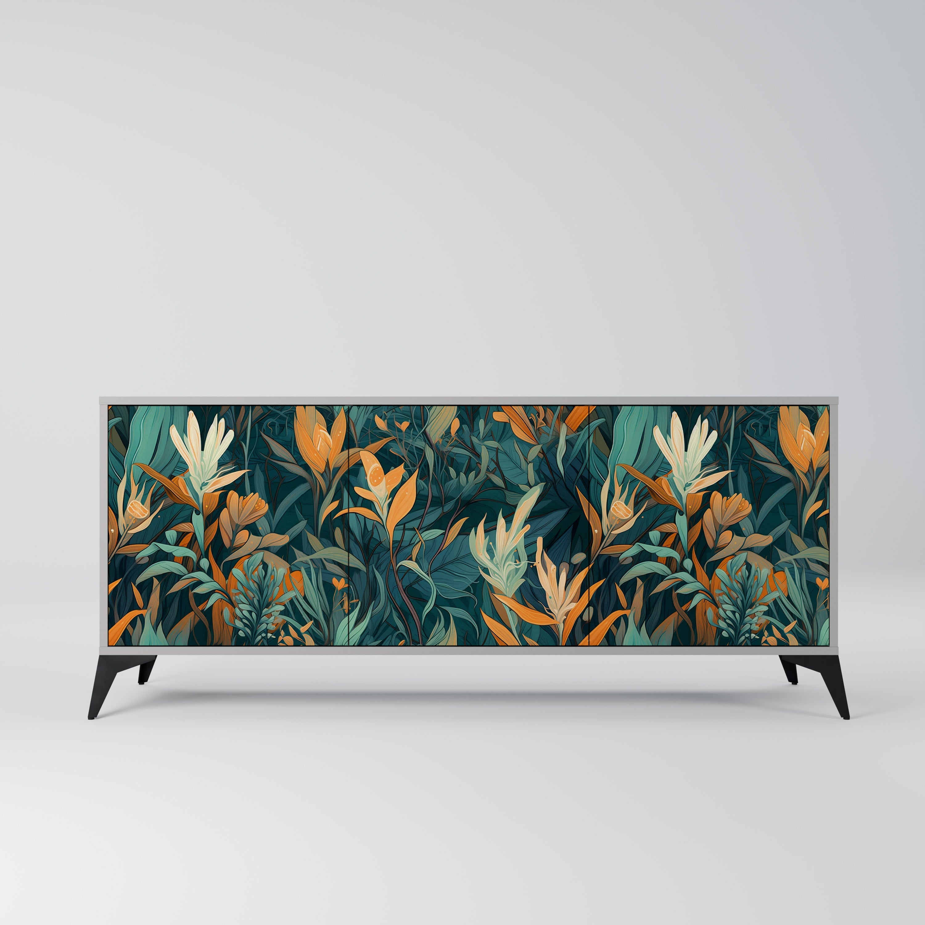 FLORAL SERENITY 3-Door Sideboard in Grey Finish