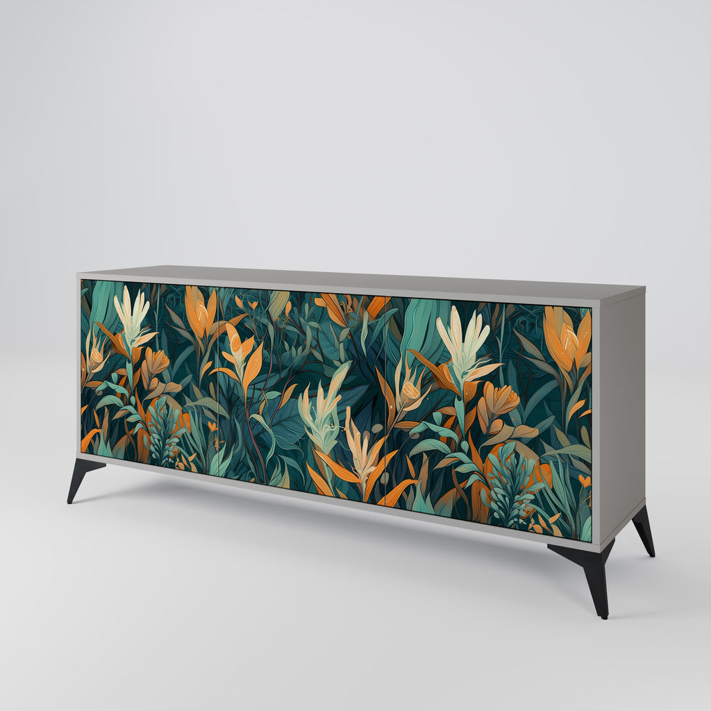 FLORAL SERENITY 3-Door Sideboard in Grey Finish