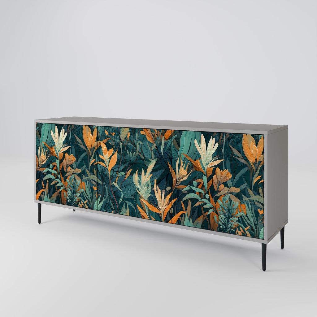 FLORAL SERENITY 3-Door Sideboard in Grey Finish
