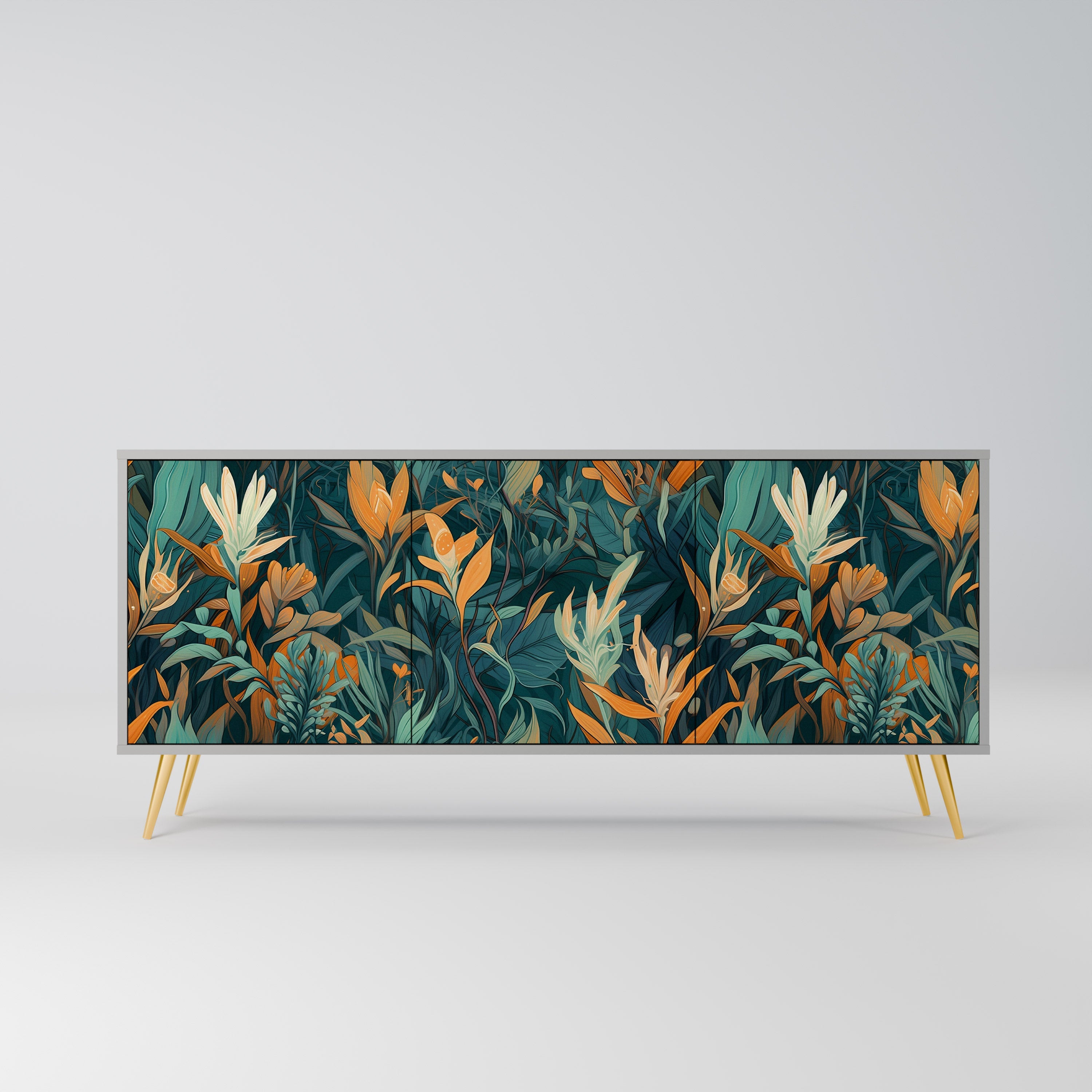 FLORAL SERENITY 3-Door Sideboard in Grey Finish