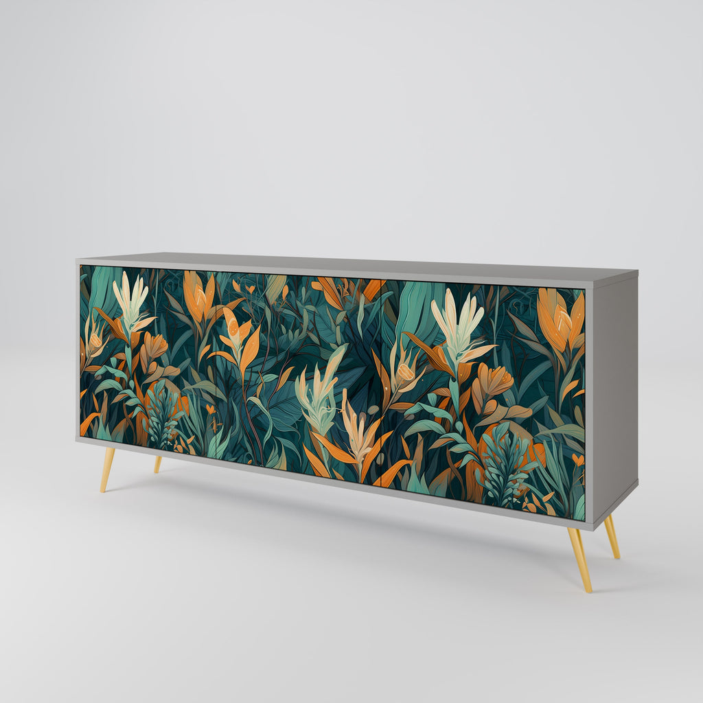 FLORAL SERENITY 3-Door Sideboard in Grey Finish