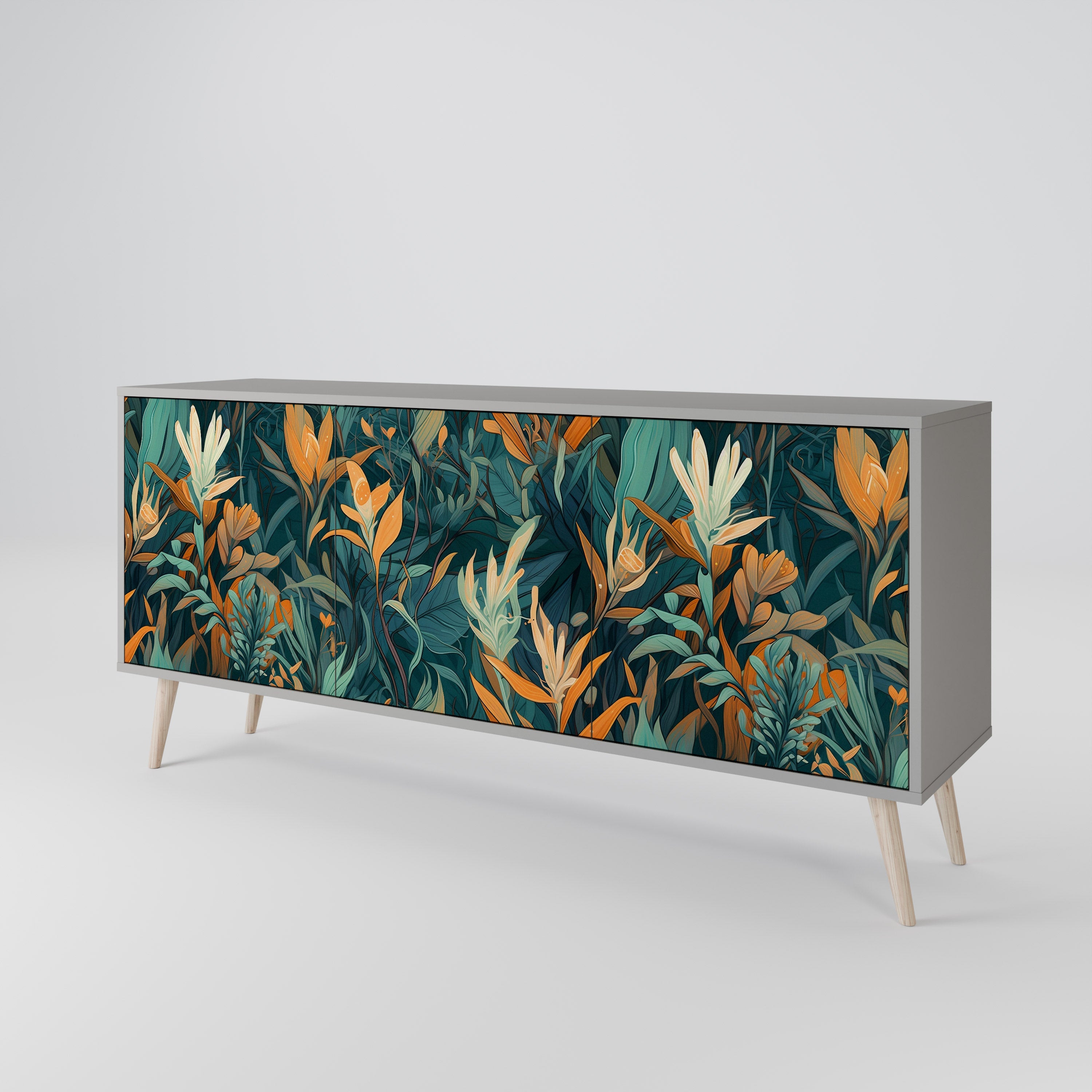 FLORAL SERENITY 3-Door Sideboard in Grey Finish