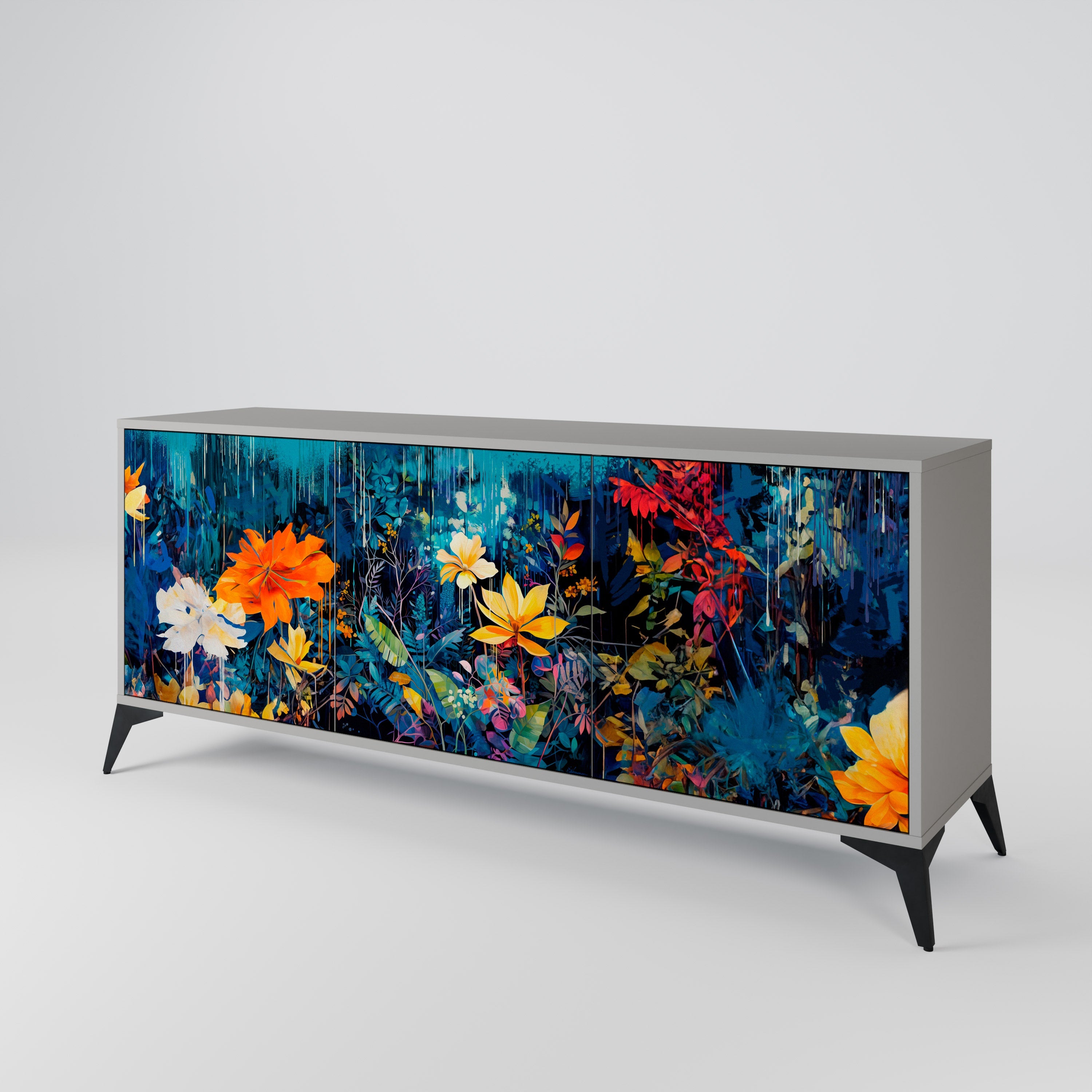 MIDNIGHT BLOSSOM 3-Door Sideboard in Grey Finish