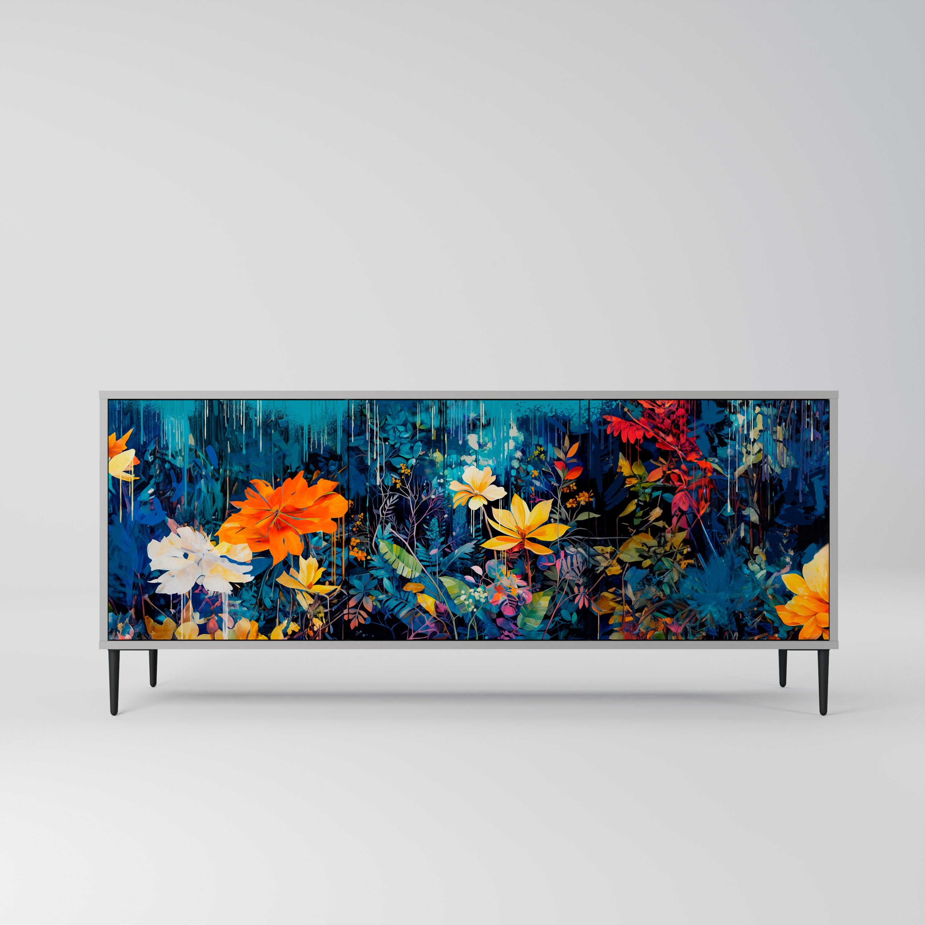MIDNIGHT BLOSSOM 3-Door Sideboard in Grey Finish