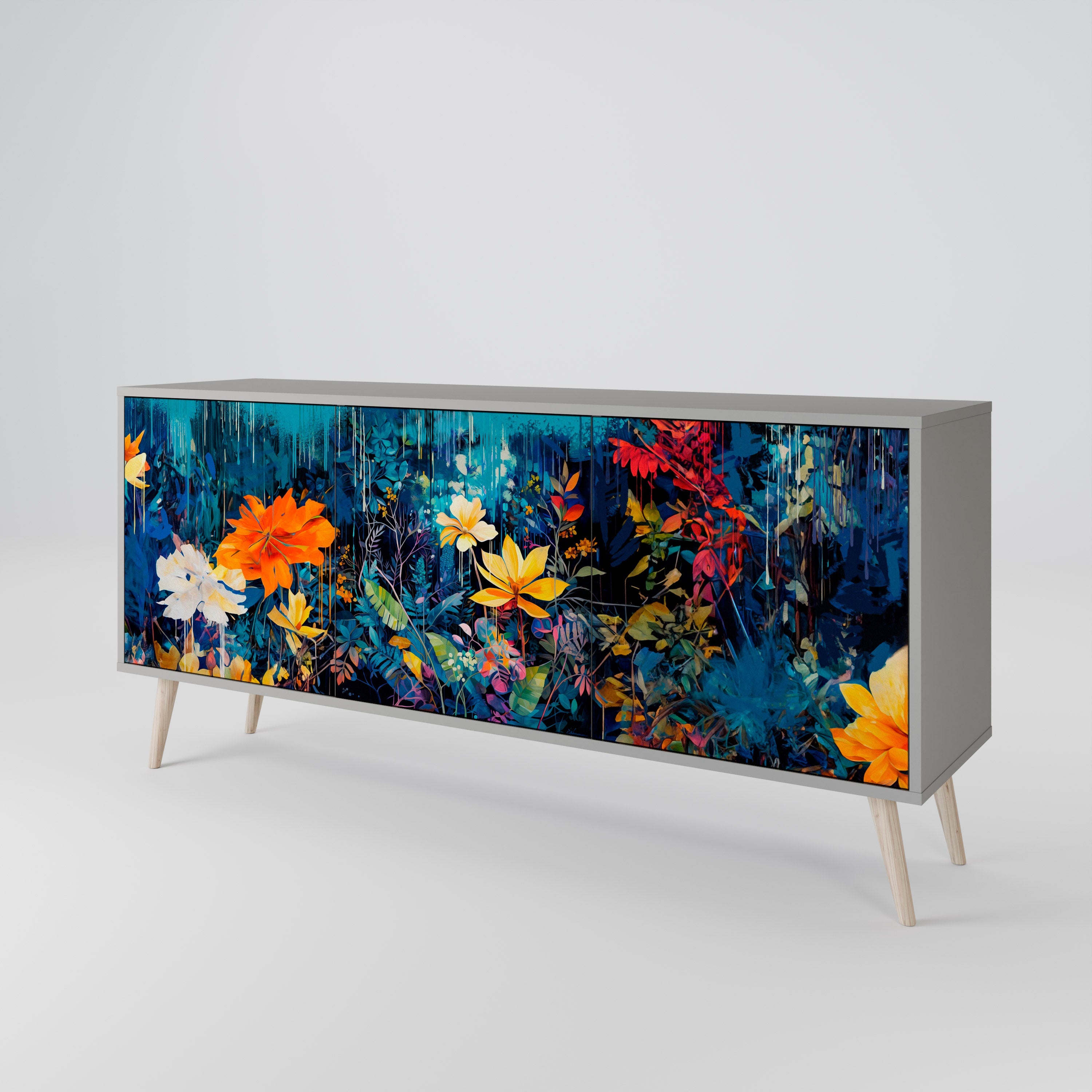 MIDNIGHT BLOSSOM 3-Door Sideboard in Grey Finish