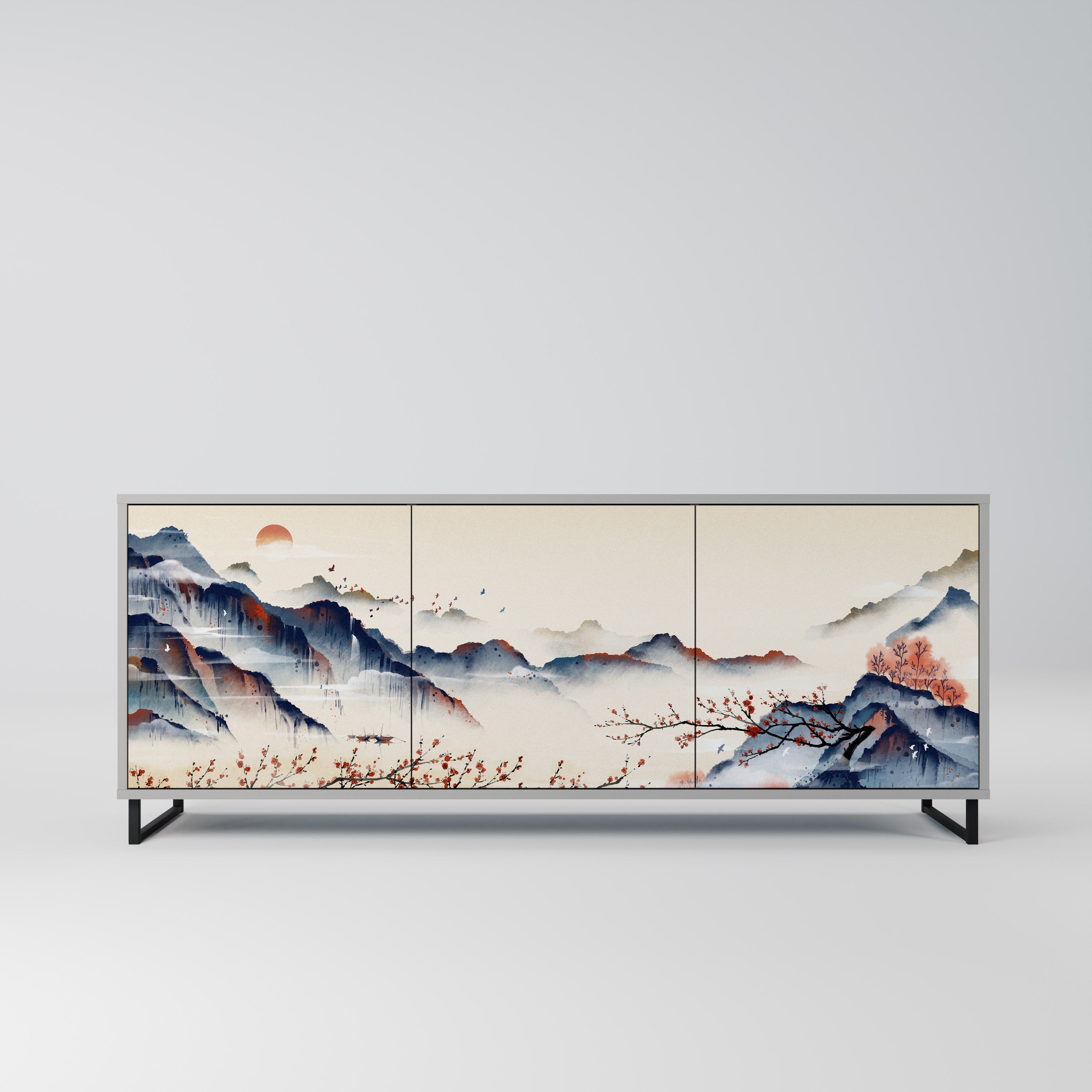 JAPANESE LANDSCAPE 3-Door Sideboard in Grey Finish