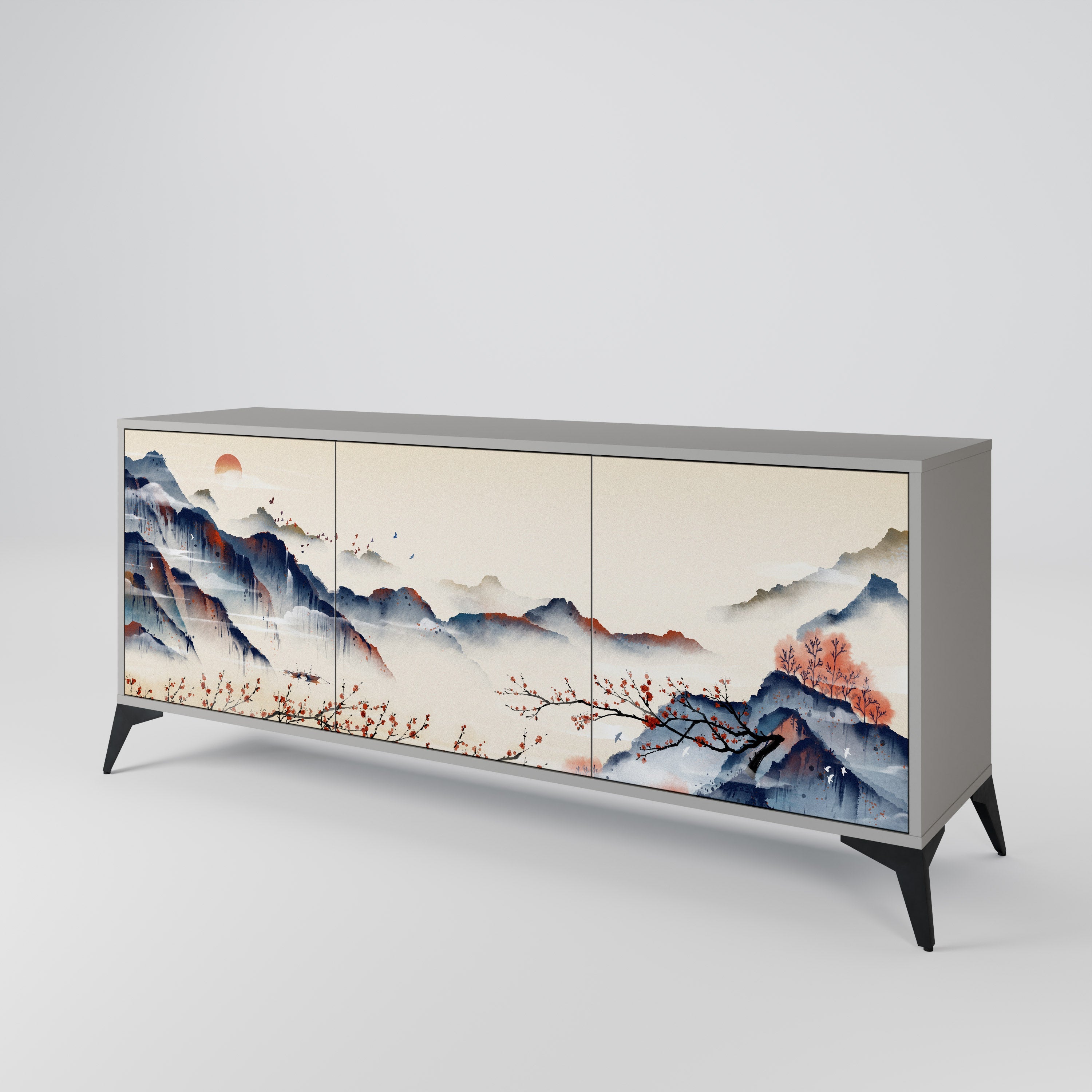 JAPANESE LANDSCAPE 3-Door Sideboard in Grey Finish