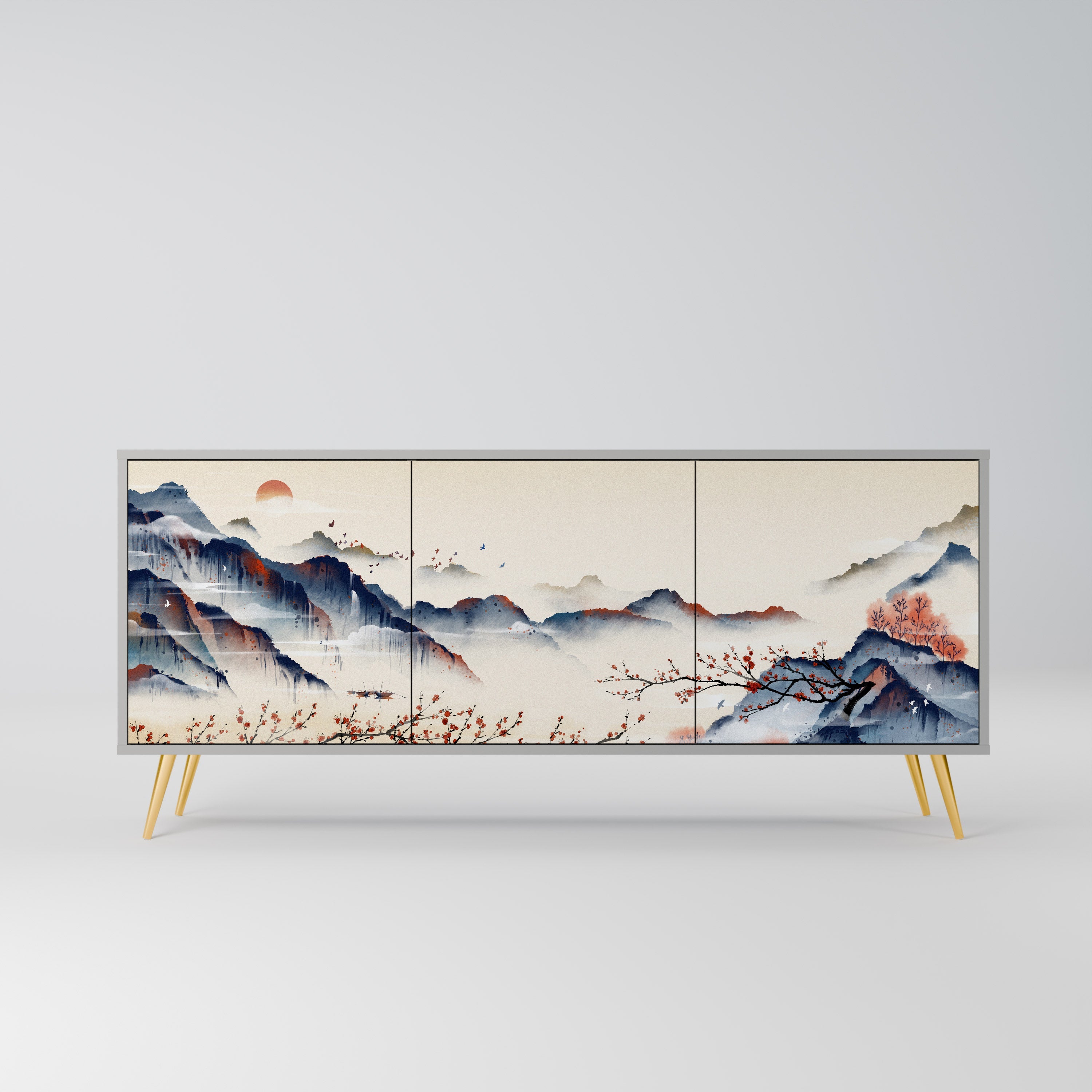 JAPANESE LANDSCAPE 3-Door Sideboard in Grey Finish