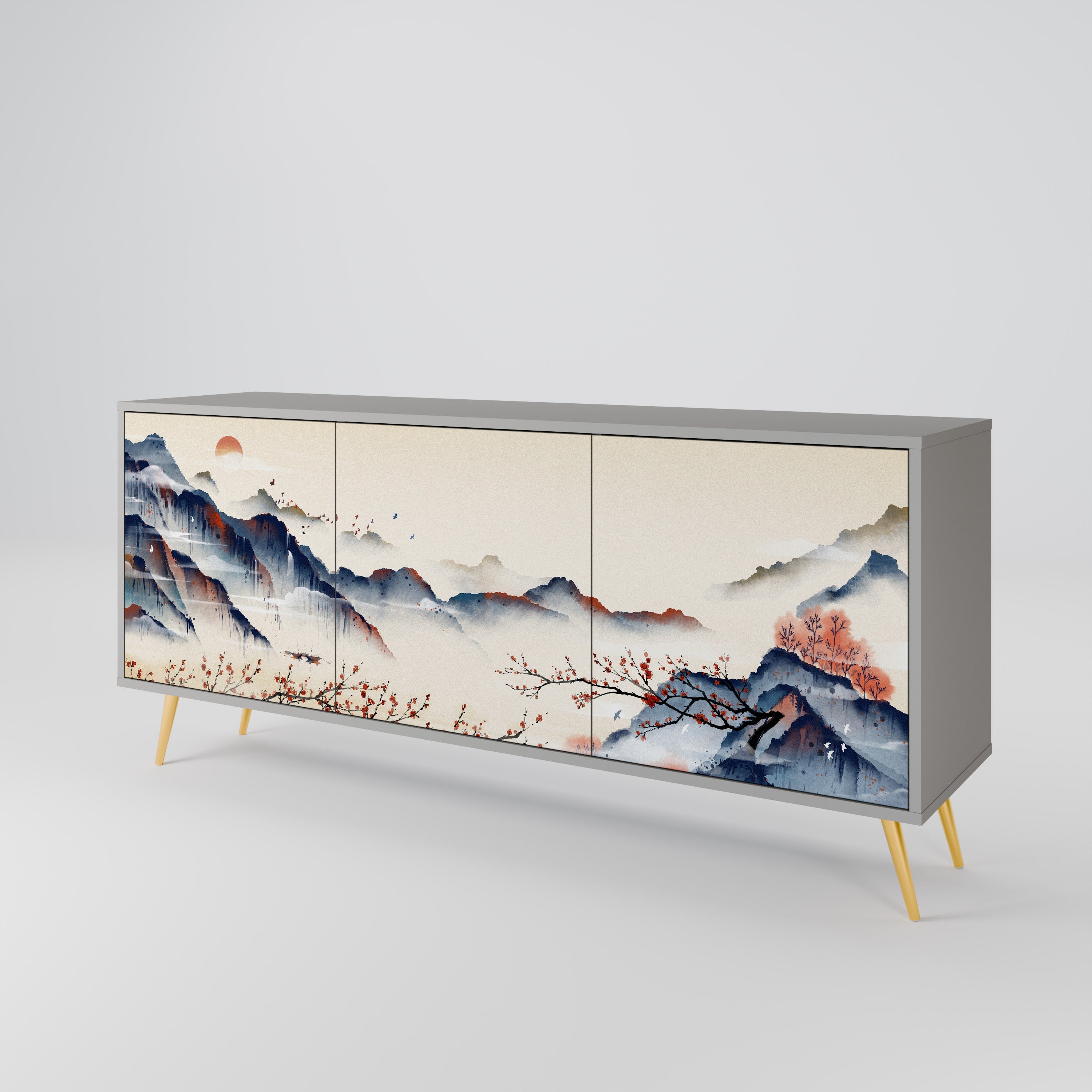 JAPANESE LANDSCAPE 3-Door Sideboard in Grey Finish