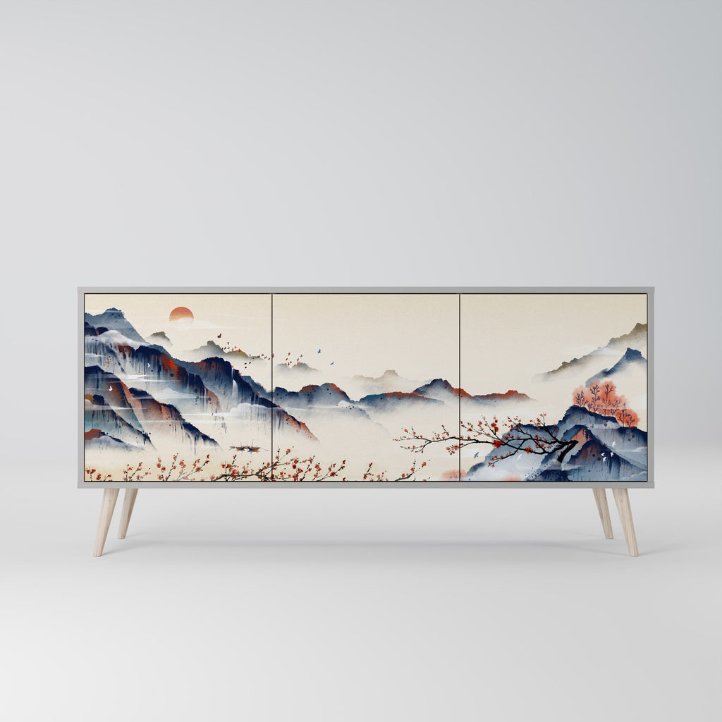 JAPANESE LANDSCAPE 3-Door Sideboard in Grey Finish