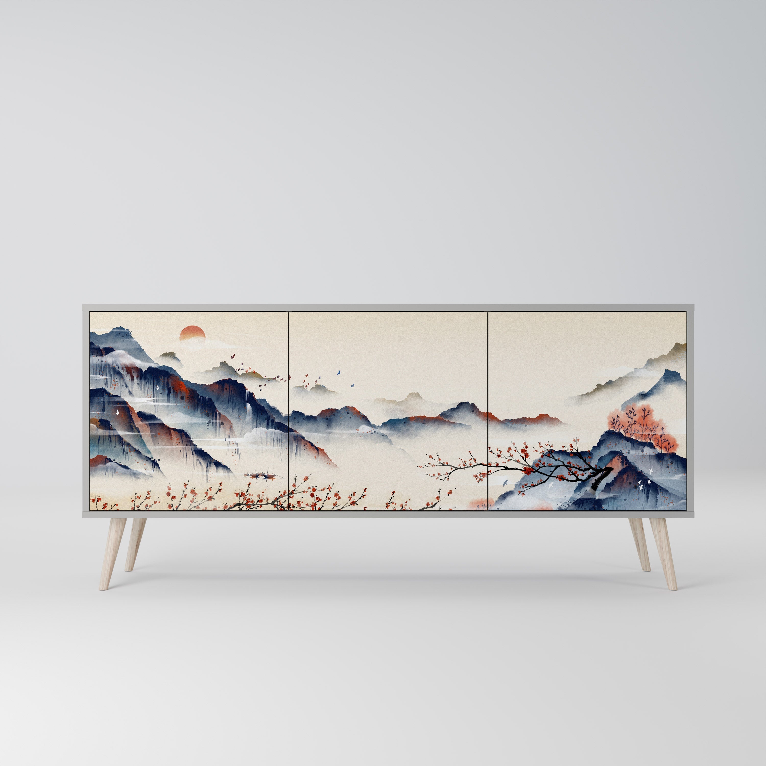 JAPANESE LANDSCAPE 3-Door Sideboard in Grey Finish