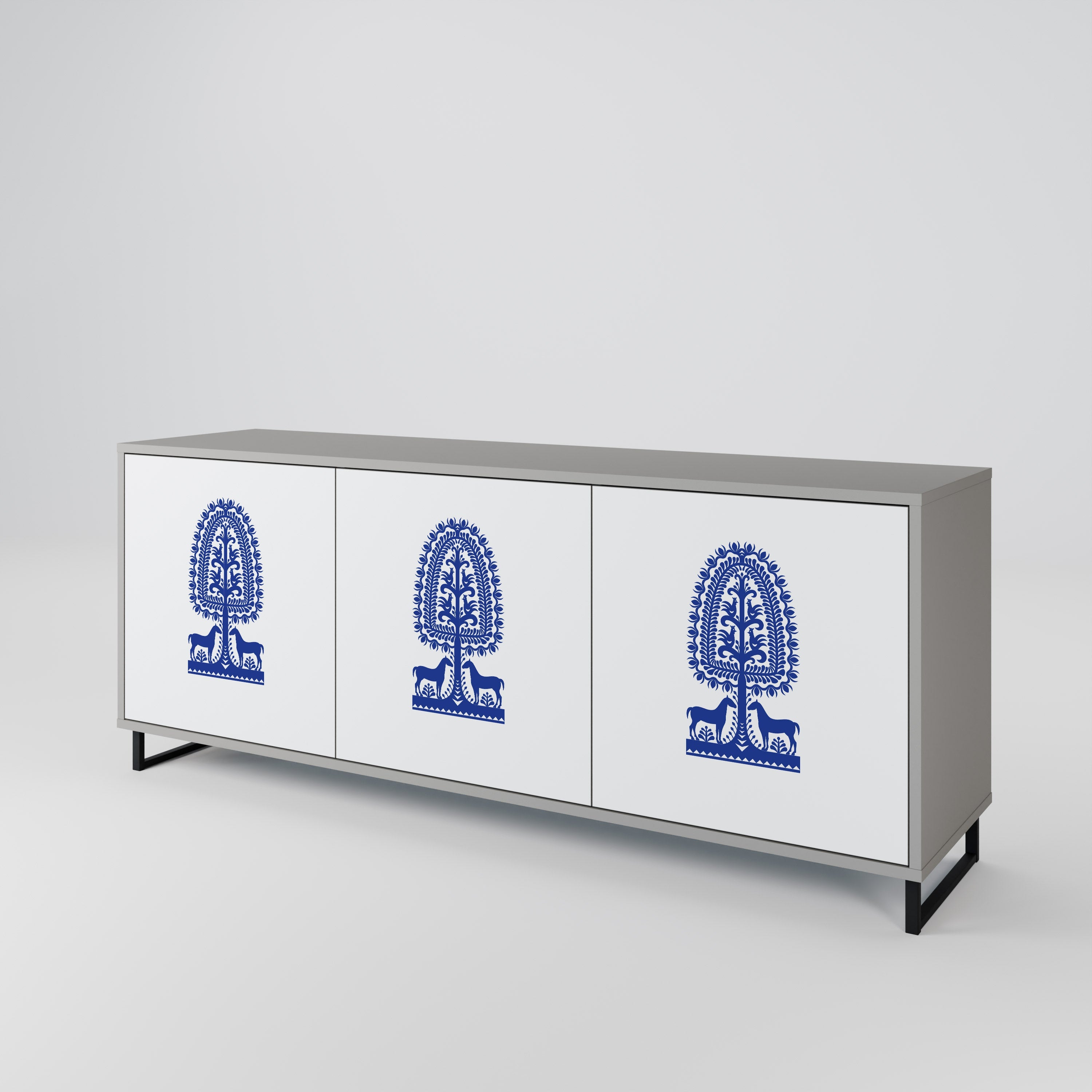 POLISH FOLK ART 3-Door Sideboard in Grey Finish