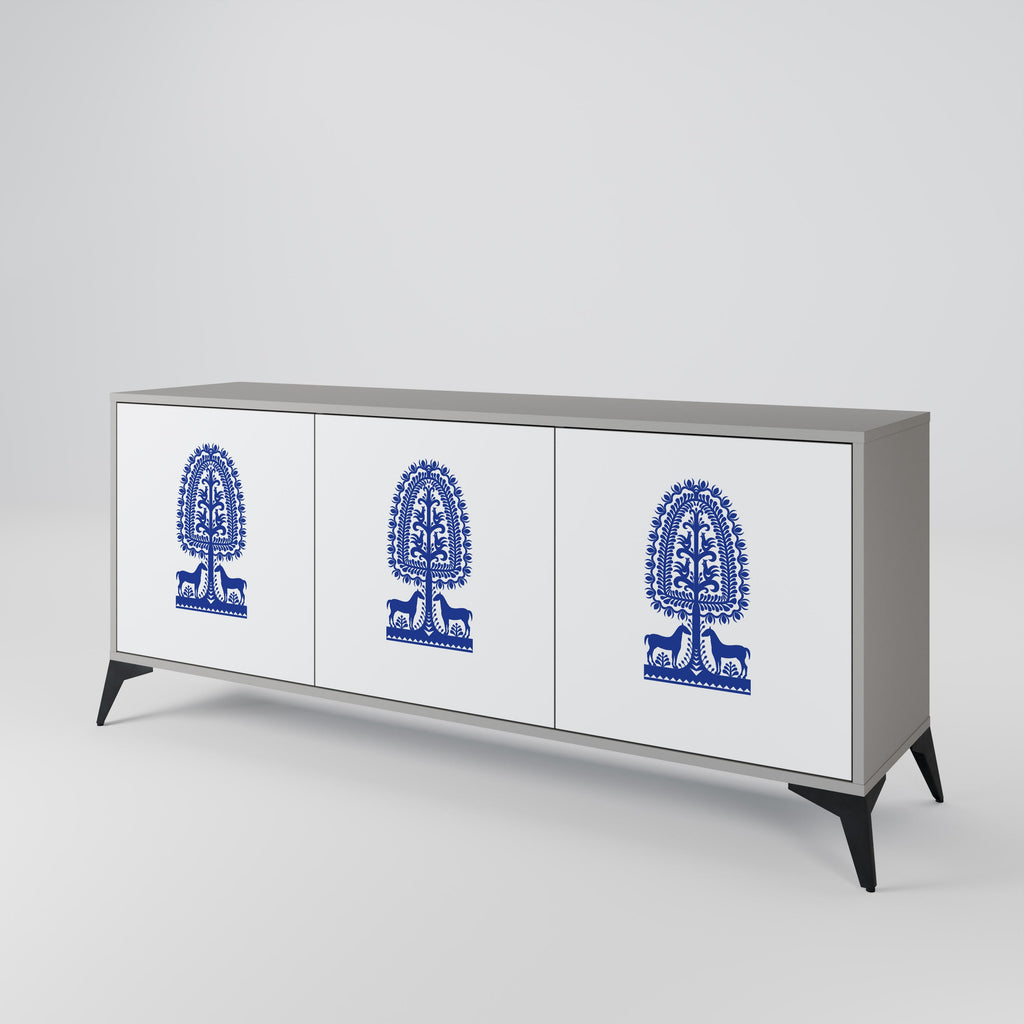 POLISH FOLK ART 3-Door Sideboard in Grey Finish