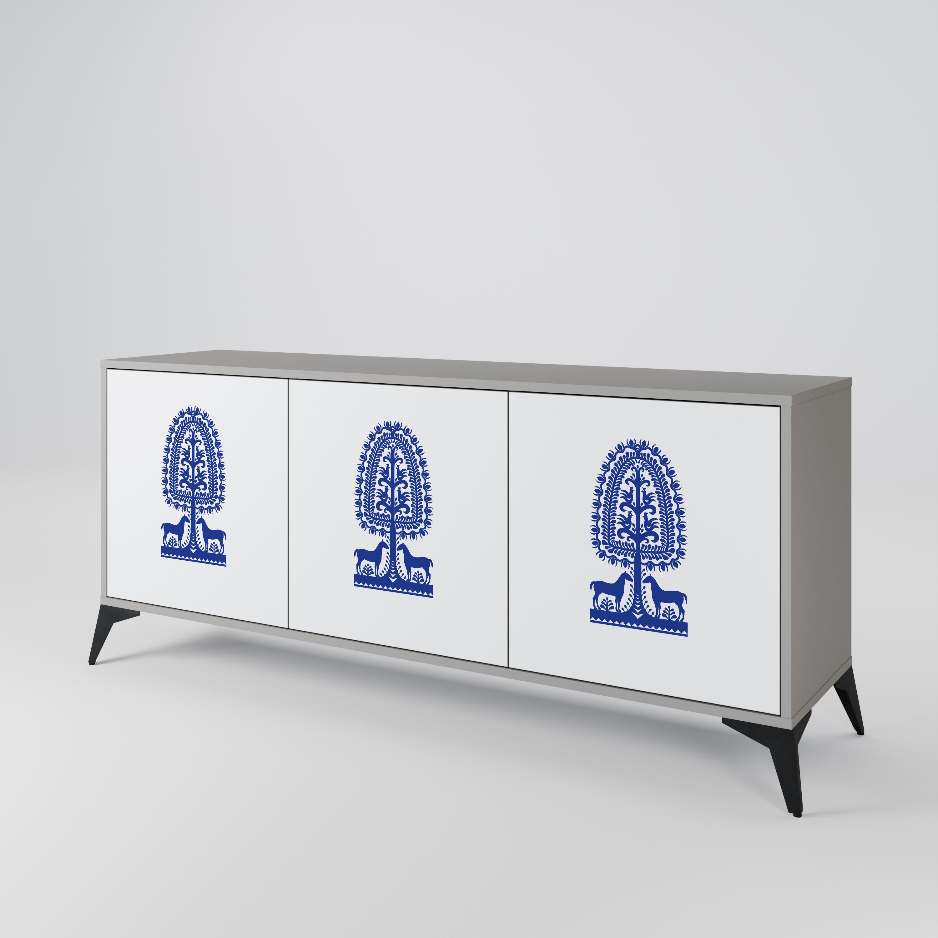 POLISH FOLK ART 3-Door Sideboard in Grey Finish