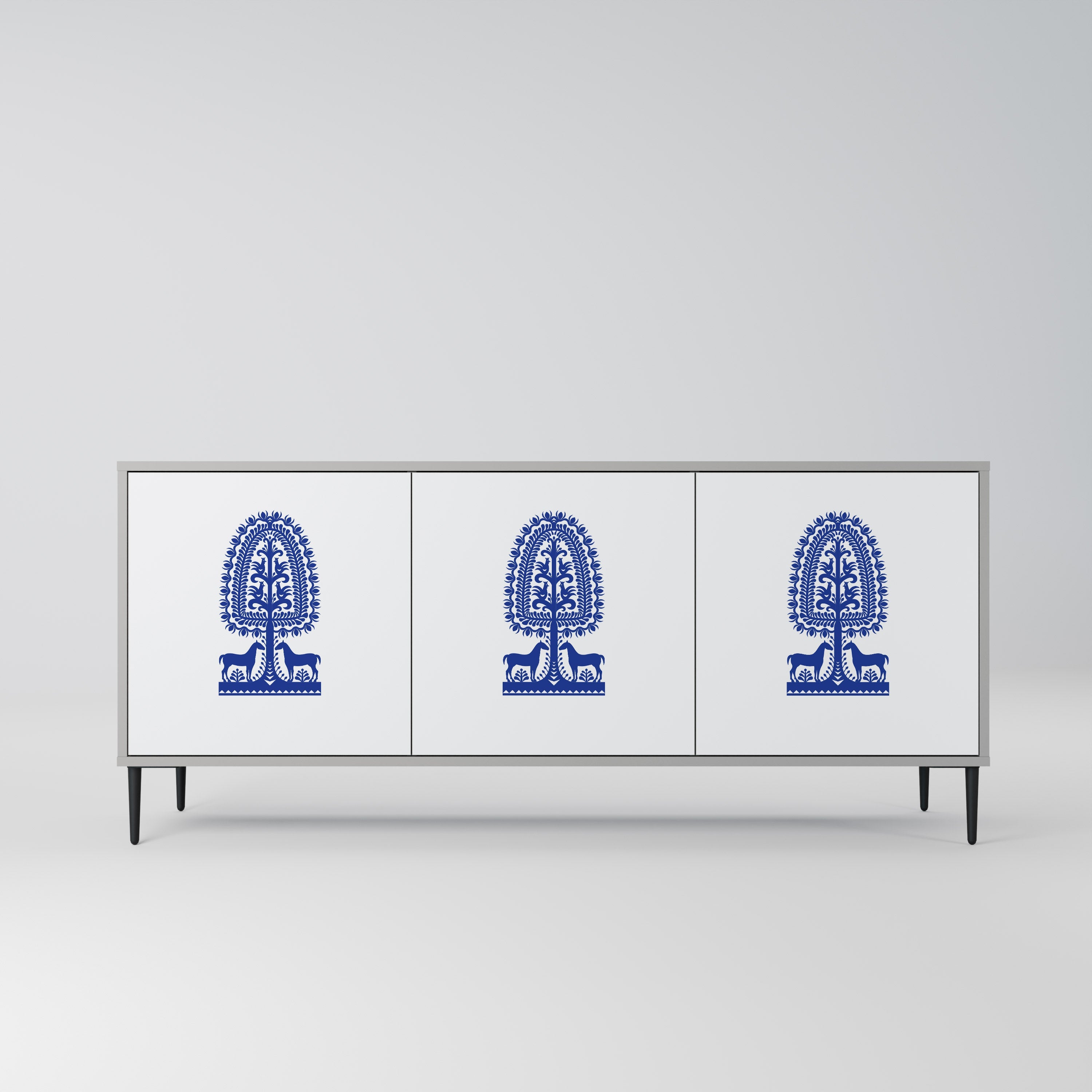 POLISH FOLK ART 3-Door Sideboard in Grey Finish