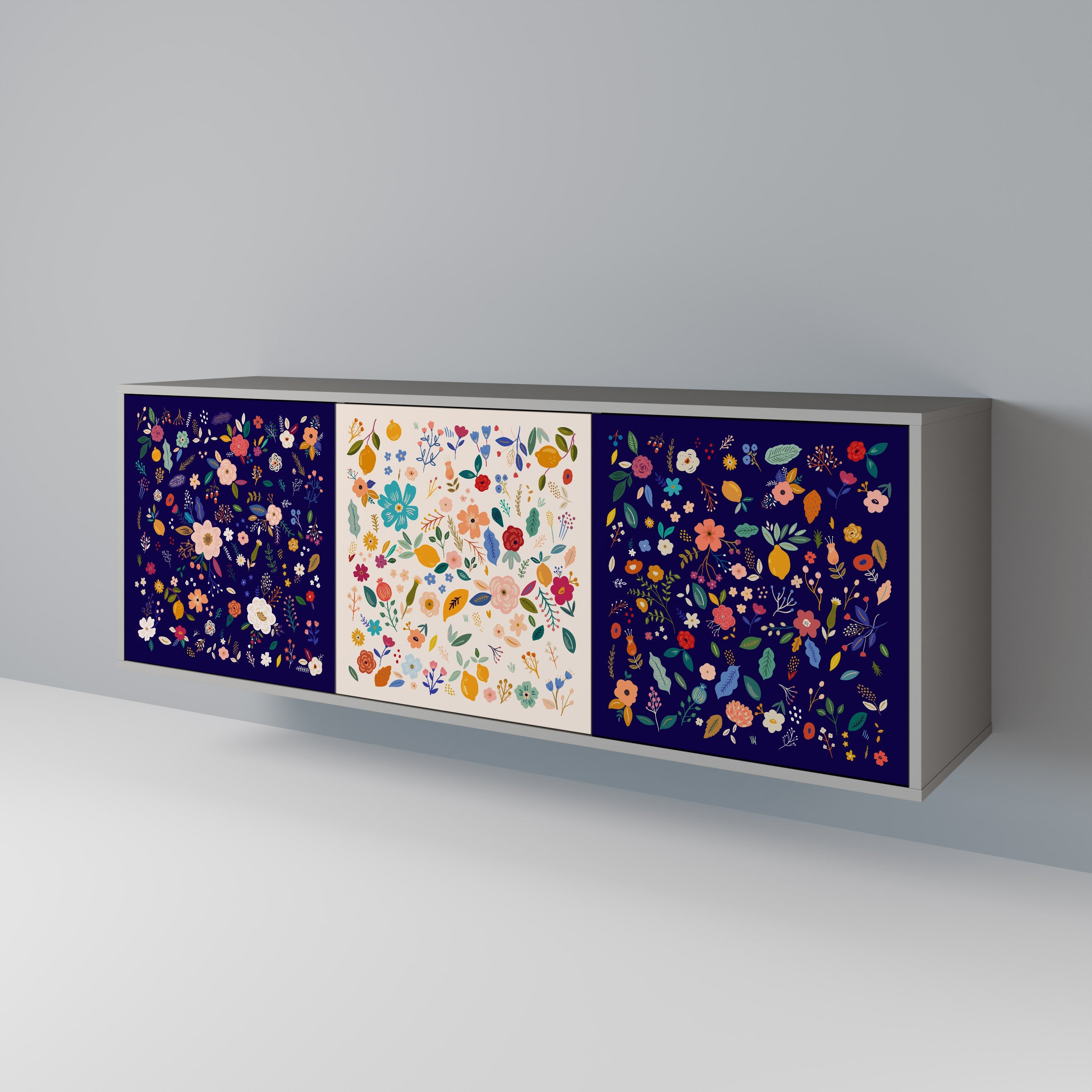 FLORAL COMBINATION 3-Door Sideboard in Grey Finish