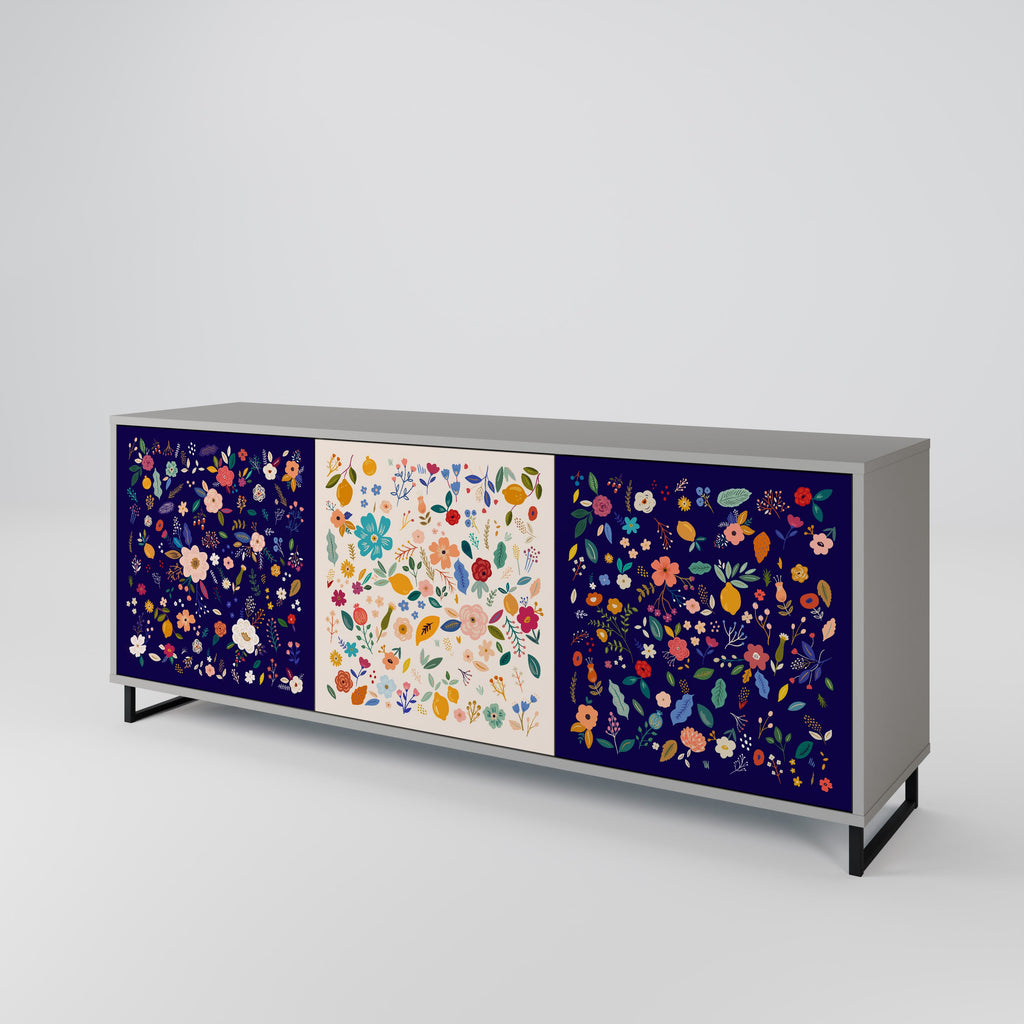 FLORAL COMBINATION 3-Door Sideboard in Grey Finish