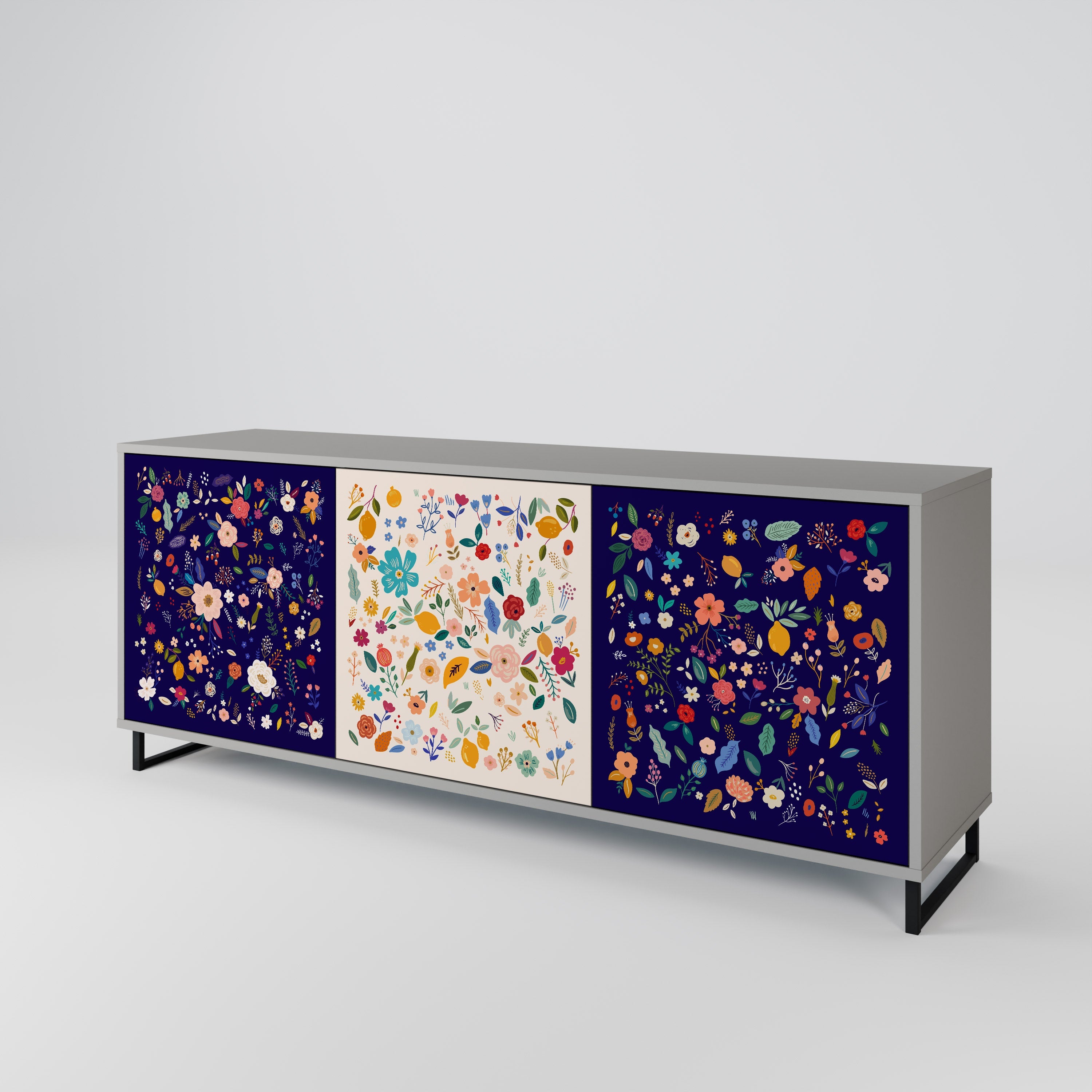 FLORAL COMBINATION 3-Door Sideboard in Grey Finish