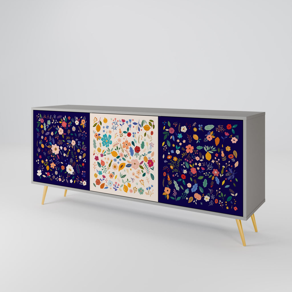 FLORAL COMBINATION 3-Door Sideboard in Grey Finish
