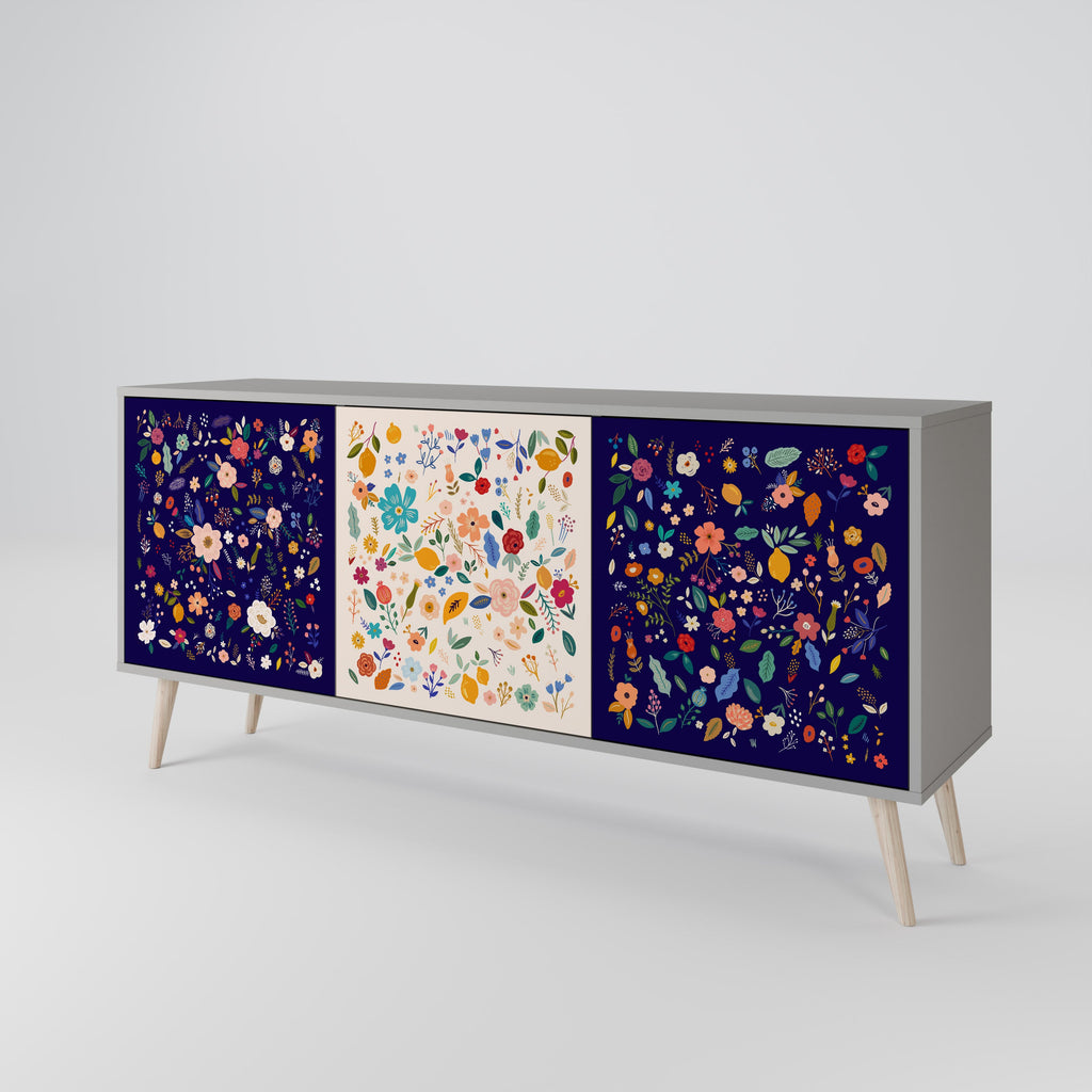 FLORAL COMBINATION 3-Door Sideboard in Grey Finish