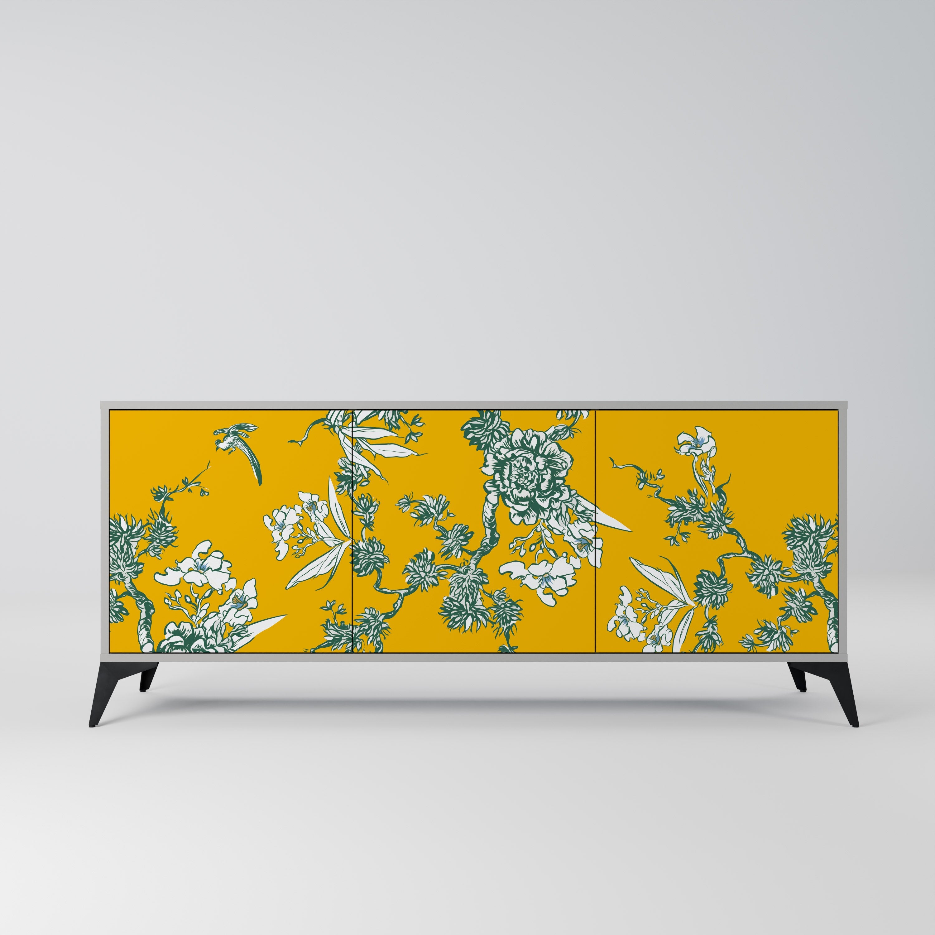 YELLOW CHINOISERIE 3-Door Sideboard in Grey Finish
