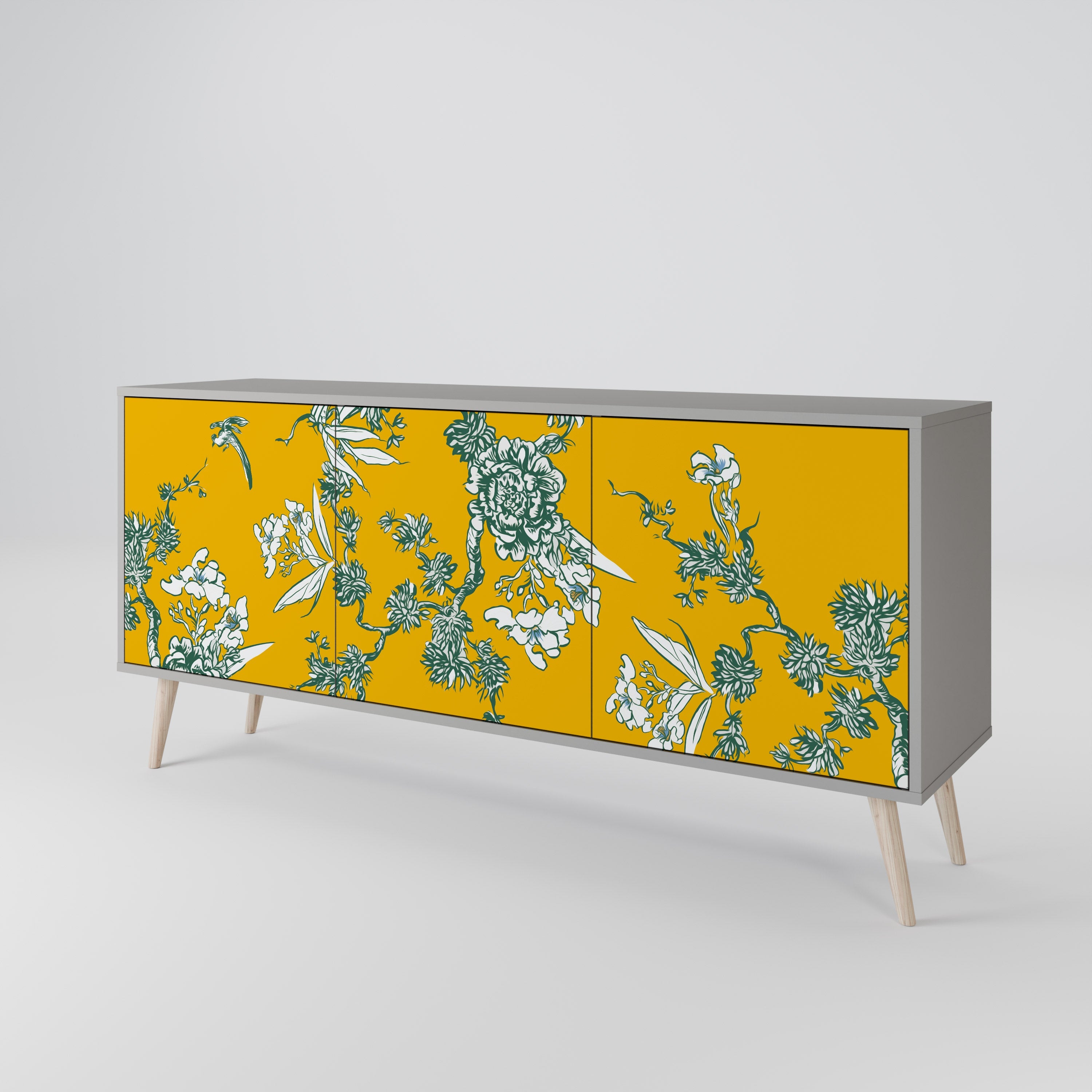 YELLOW CHINOISERIE 3-Door Sideboard in Grey Finish