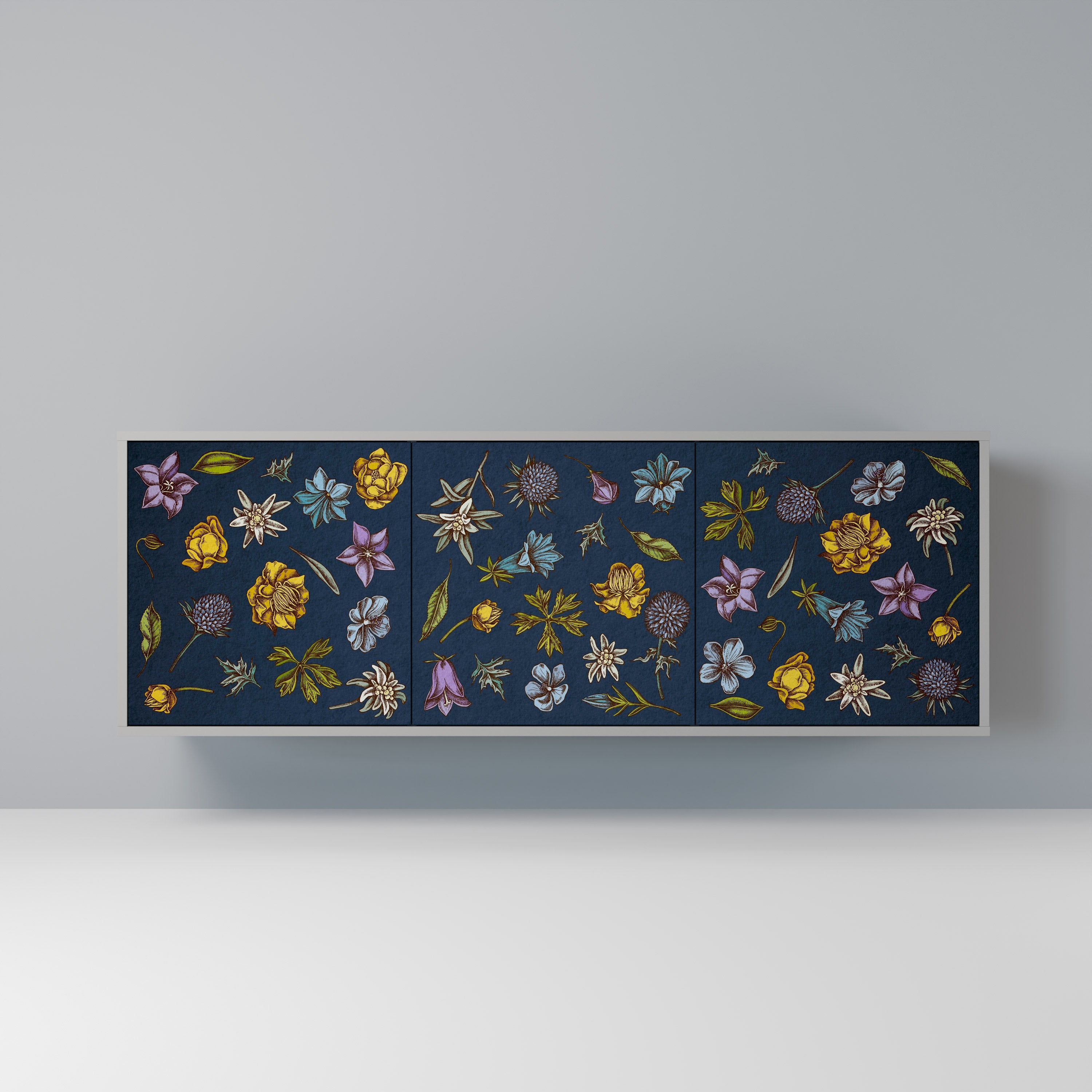 FLOWERS ON NAVY BLUE Aparador de 3 Portas em Acabamento Cinzento