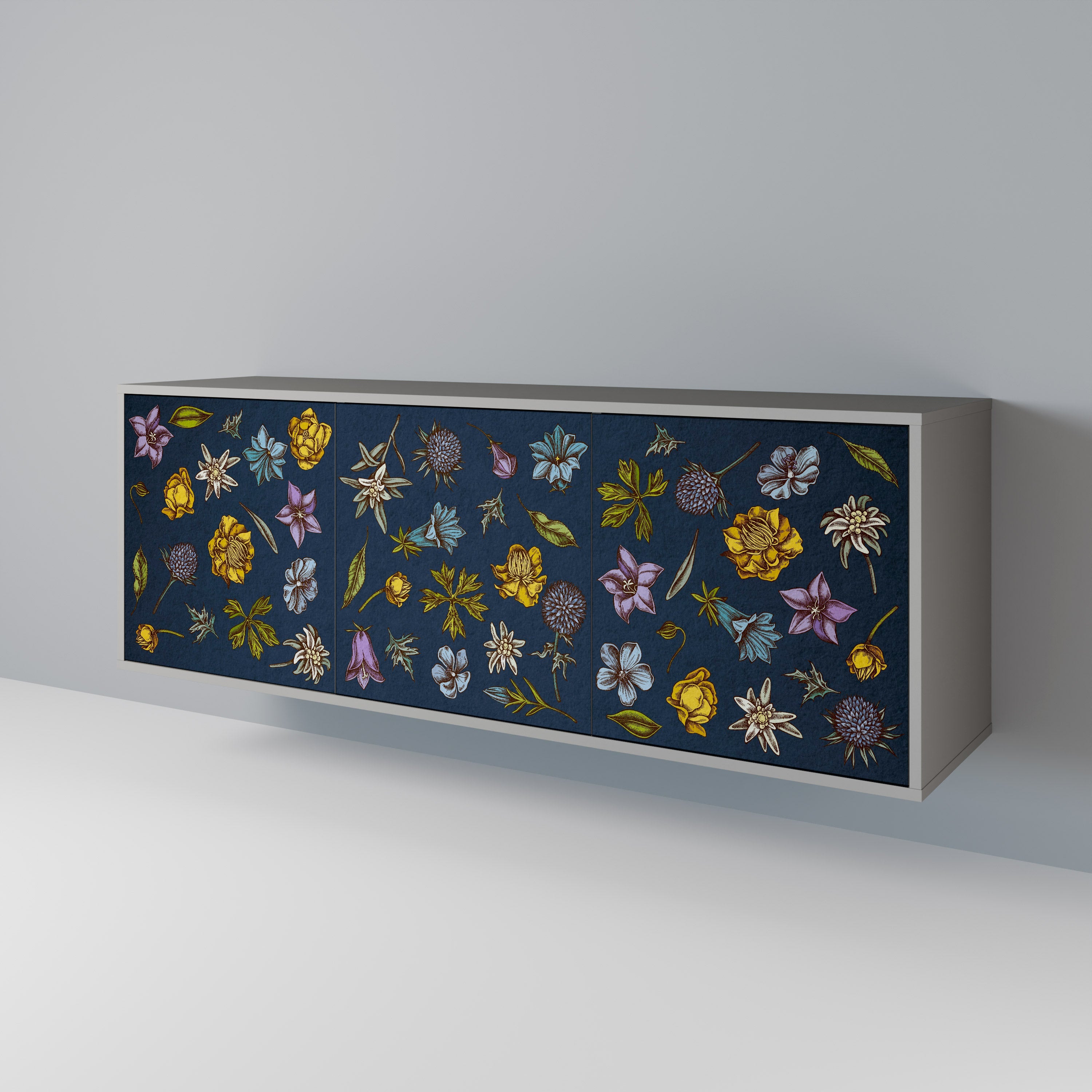 FLOWERS ON NAVY BLUE Aparador de 3 Portas em Acabamento Cinzento