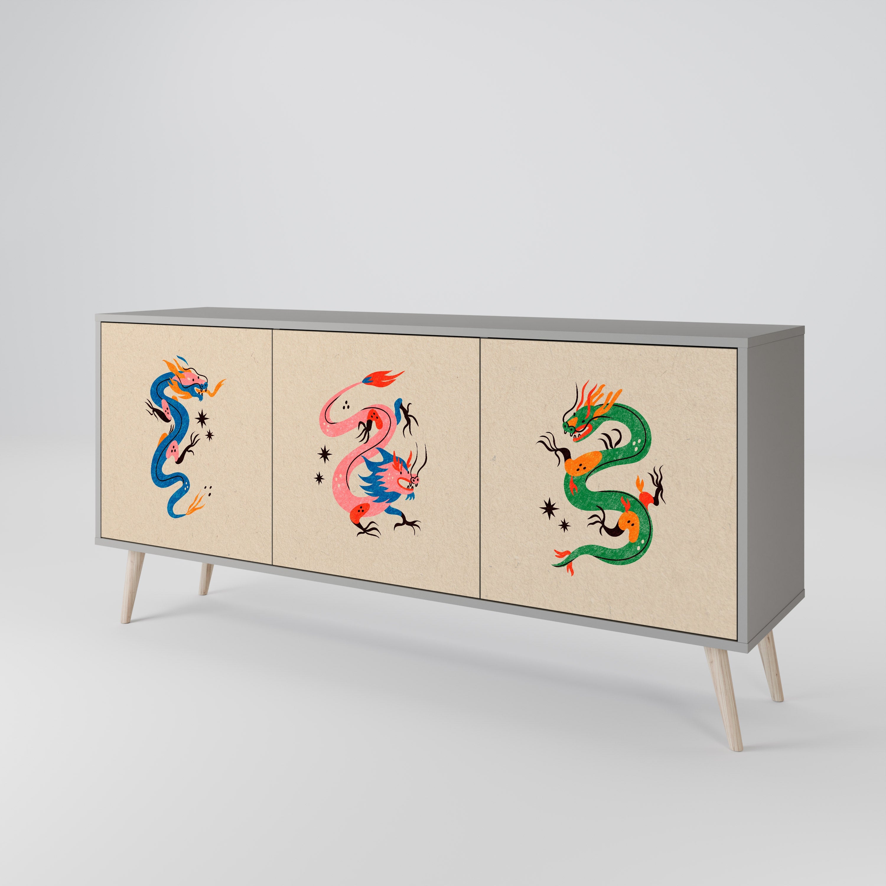 MYTHOLOGICAL CREATURES Aparador de 3 Portas em Acabamento Cinzento