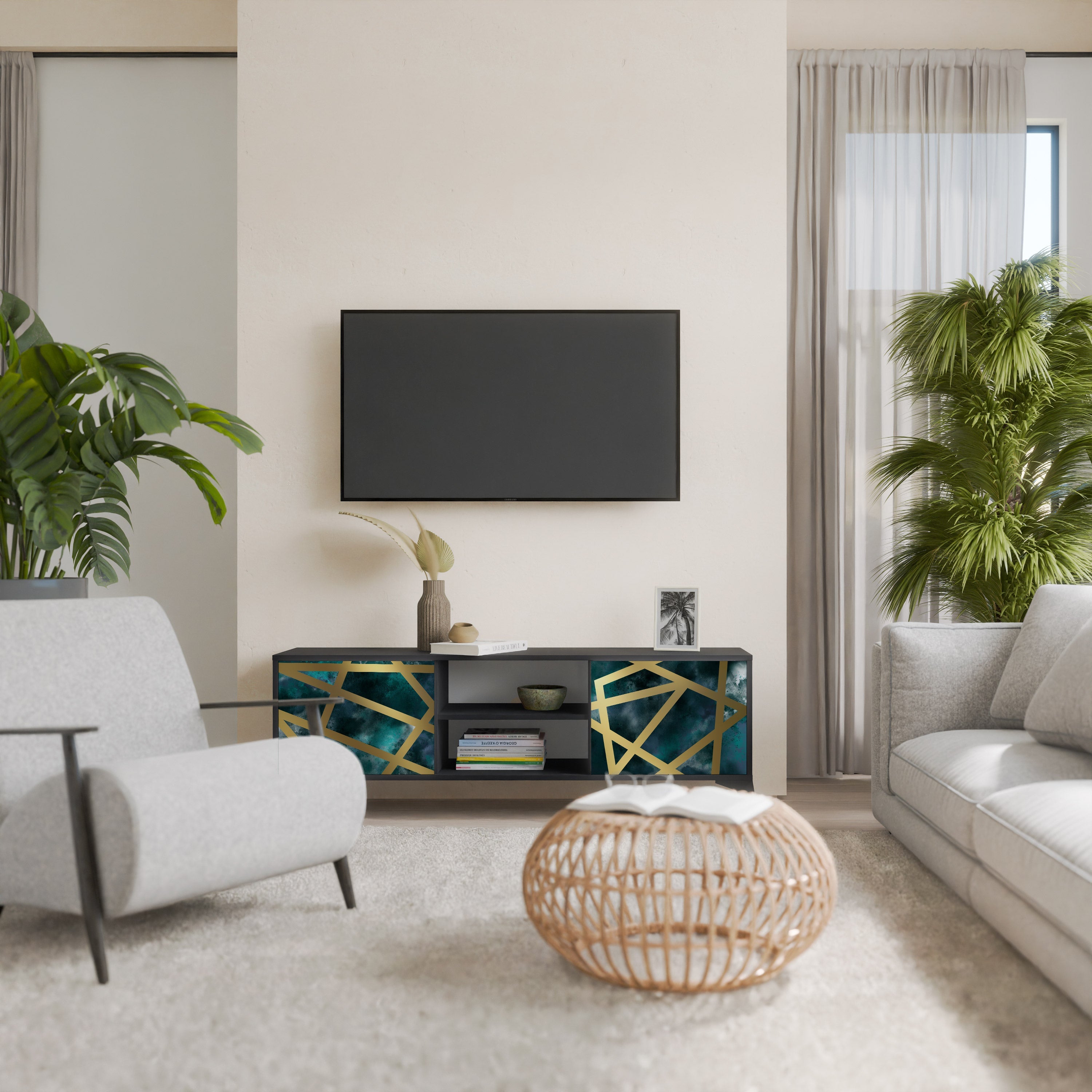 THE LABYRINTH OF GOLD 2-Door TV Stand in Black Finish