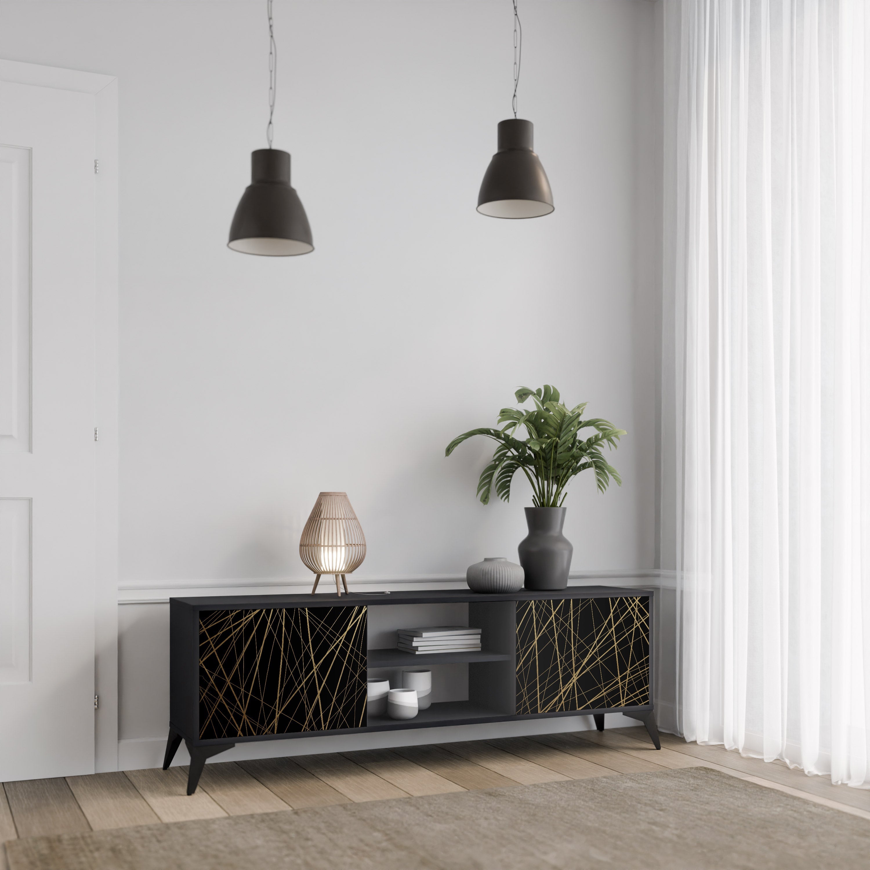 BRIGHT MESH 2-Door TV Stand in Black Finish