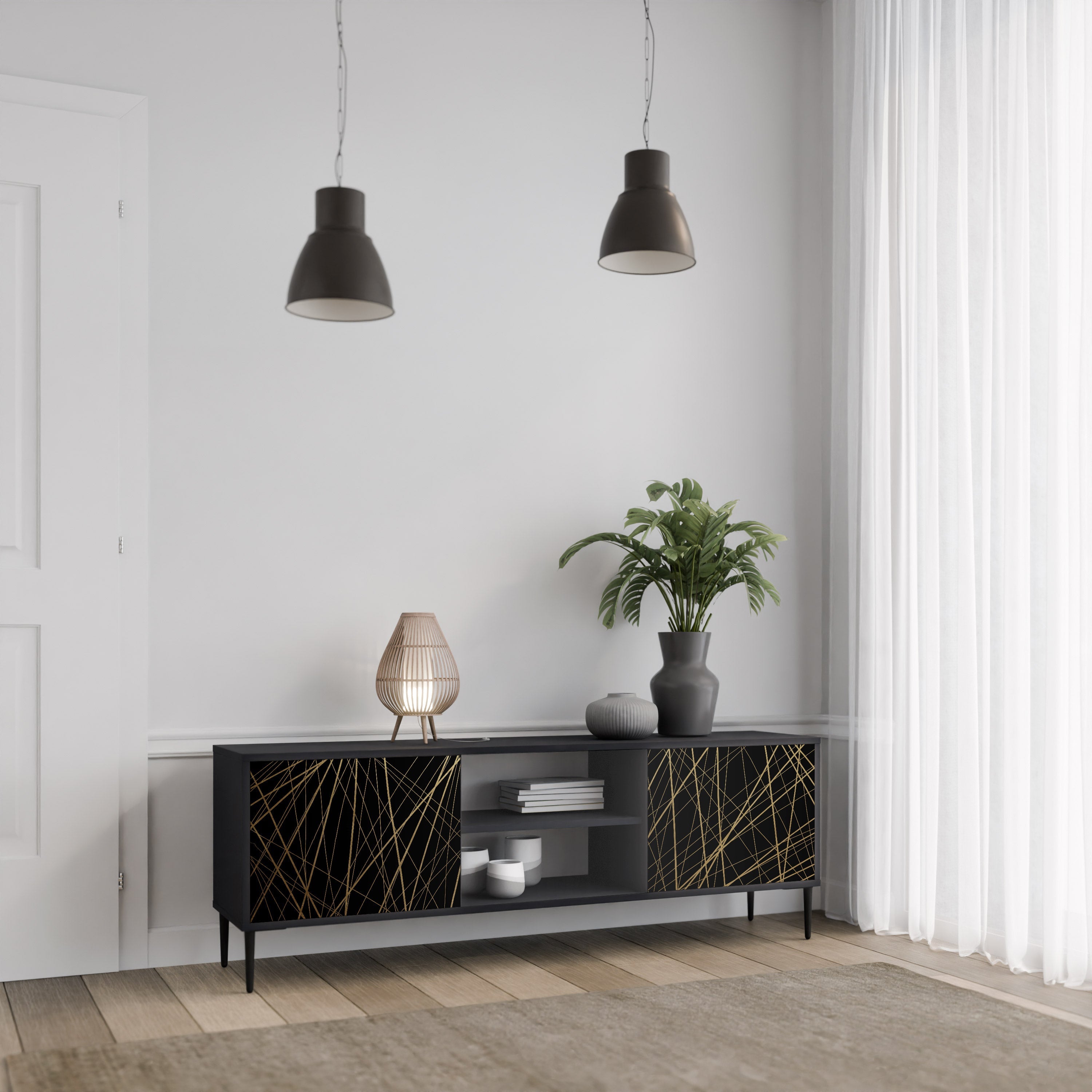 BRIGHT MESH 2-Door TV Stand in Black Finish