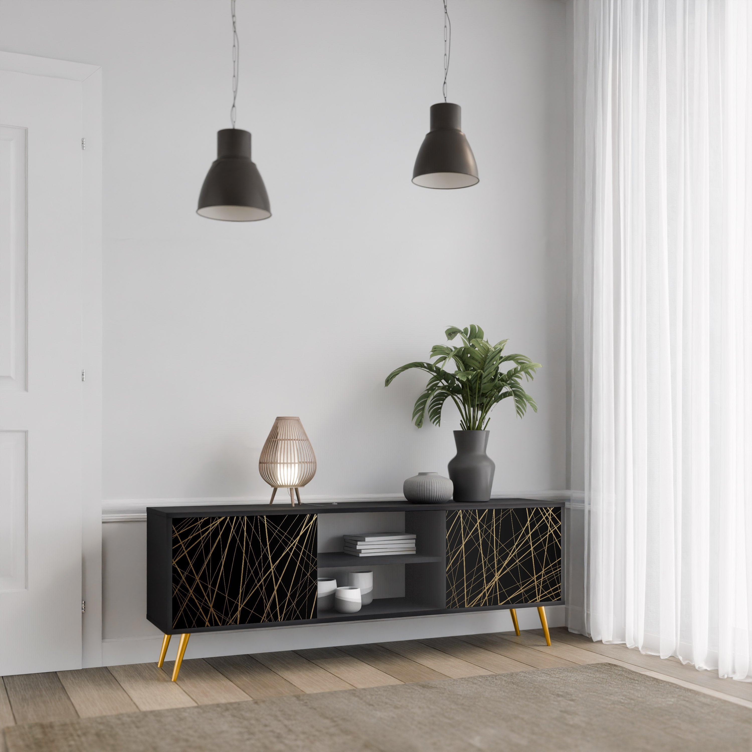 BRIGHT MESH 2-Door TV Stand in Black Finish