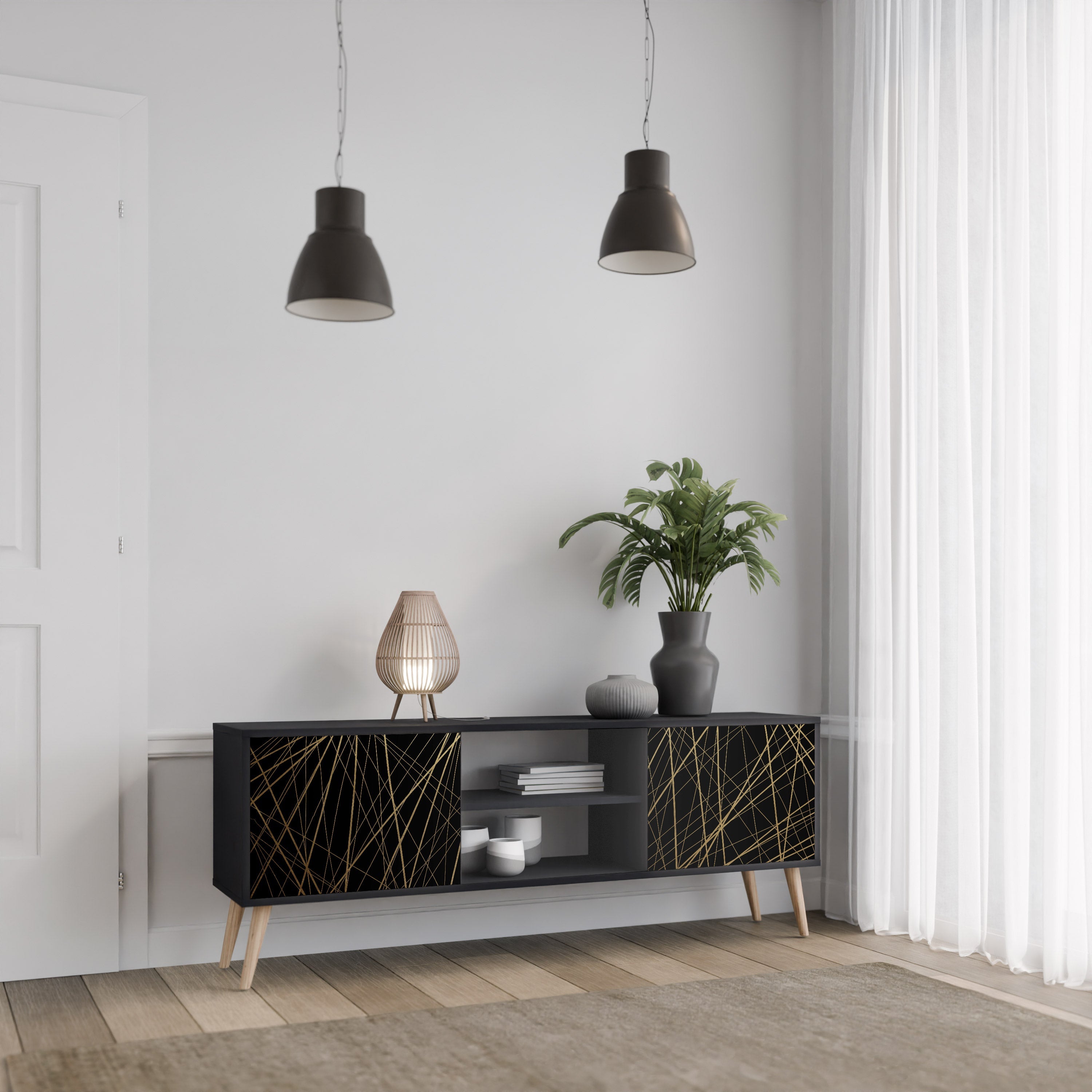 BRIGHT MESH 2-Door TV Stand in Black Finish