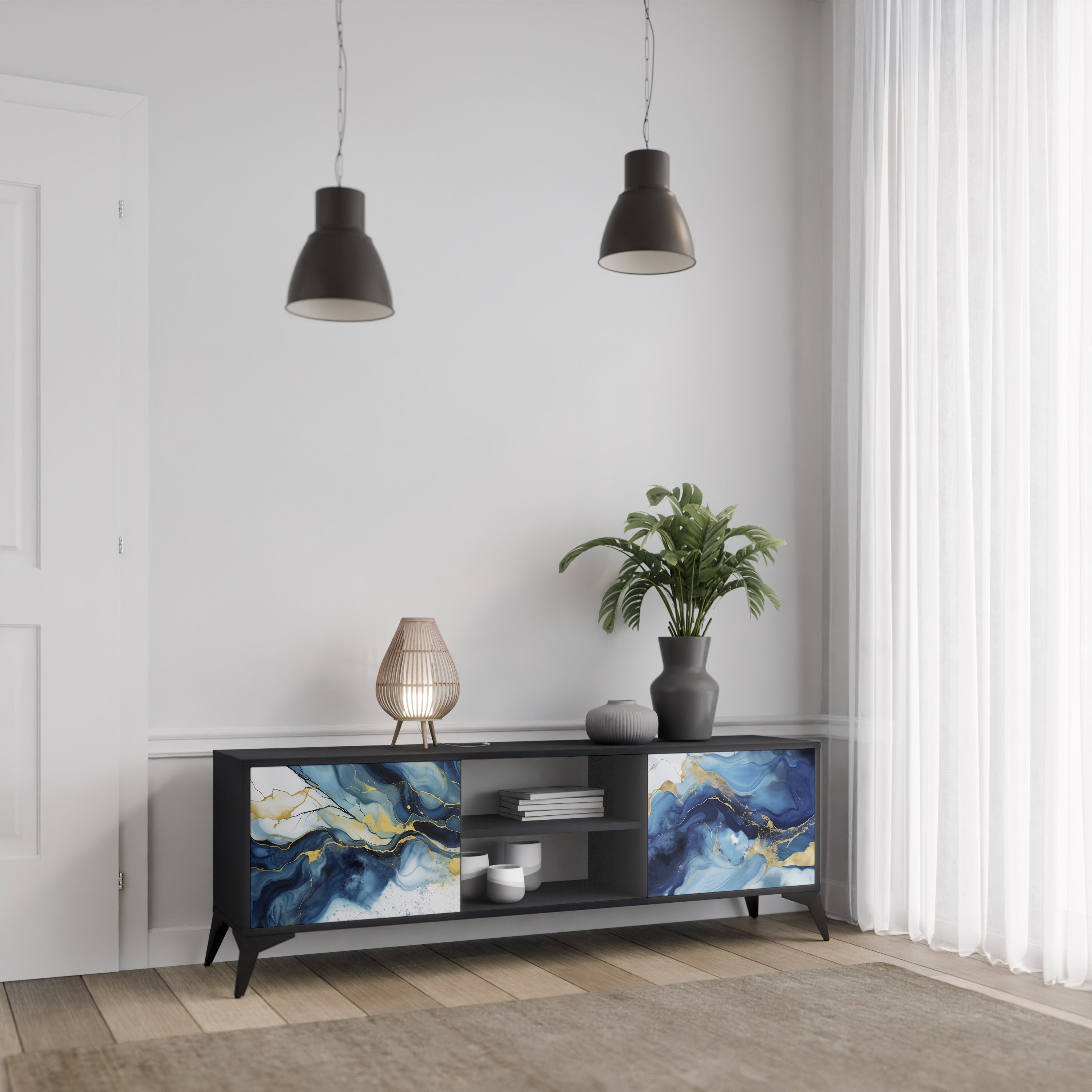 INKY MARBLE 2-Door TV Stand in Black Finish