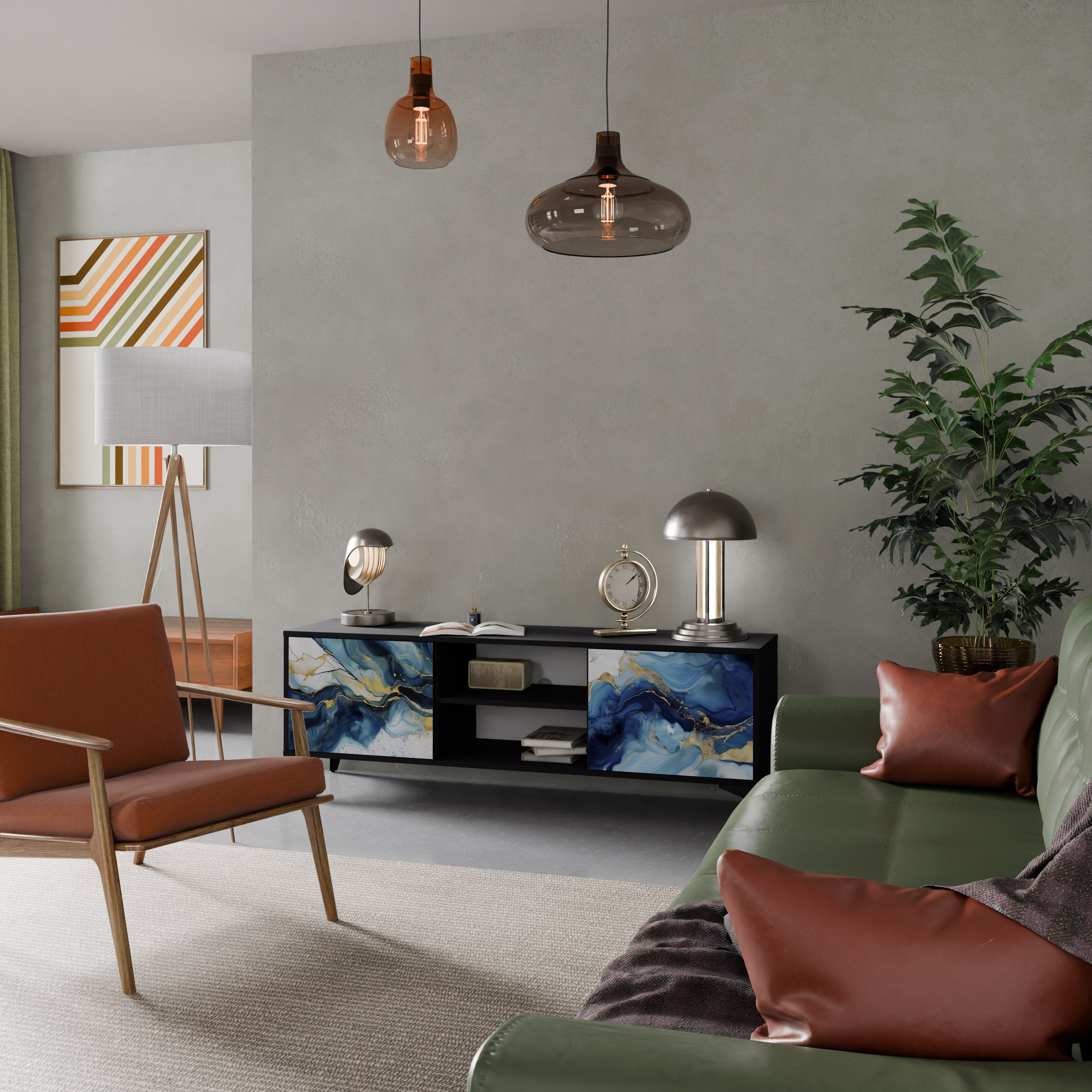 INKY MARBLE 2-Door TV Stand in Black Finish