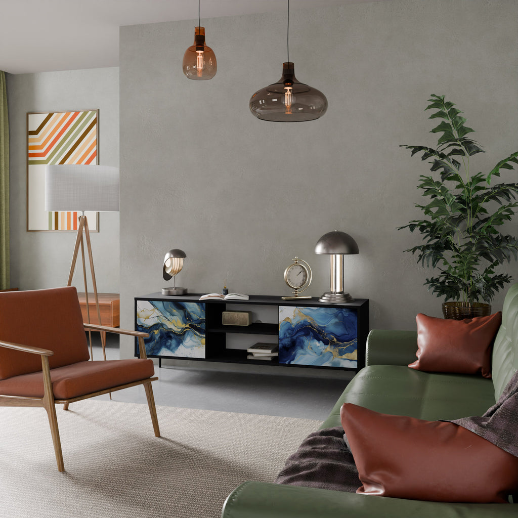 INKY MARBLE 2-Door TV Stand in Black Finish