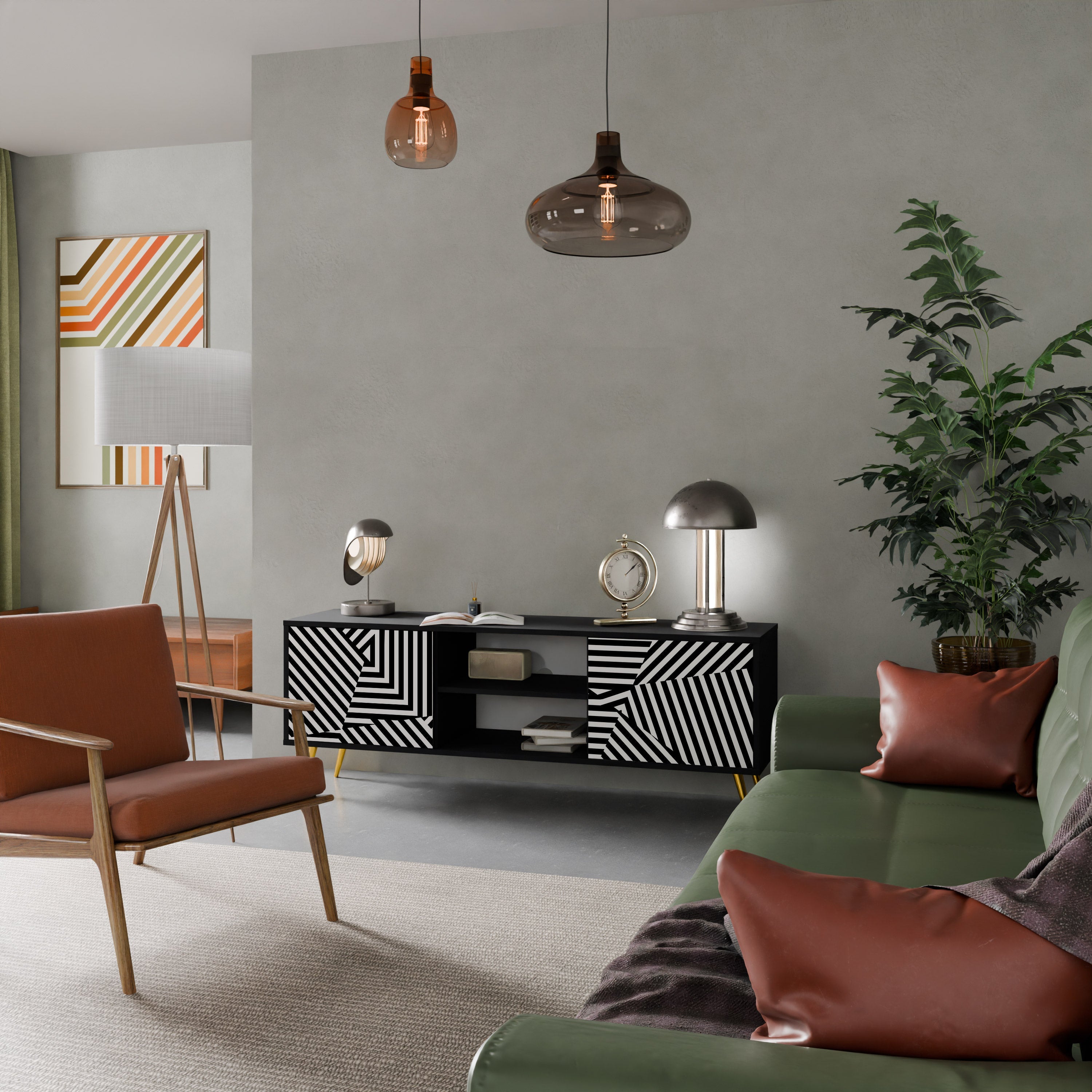 ILLUSIONARY LATTICE 2-Door TV Stand in Black Finish