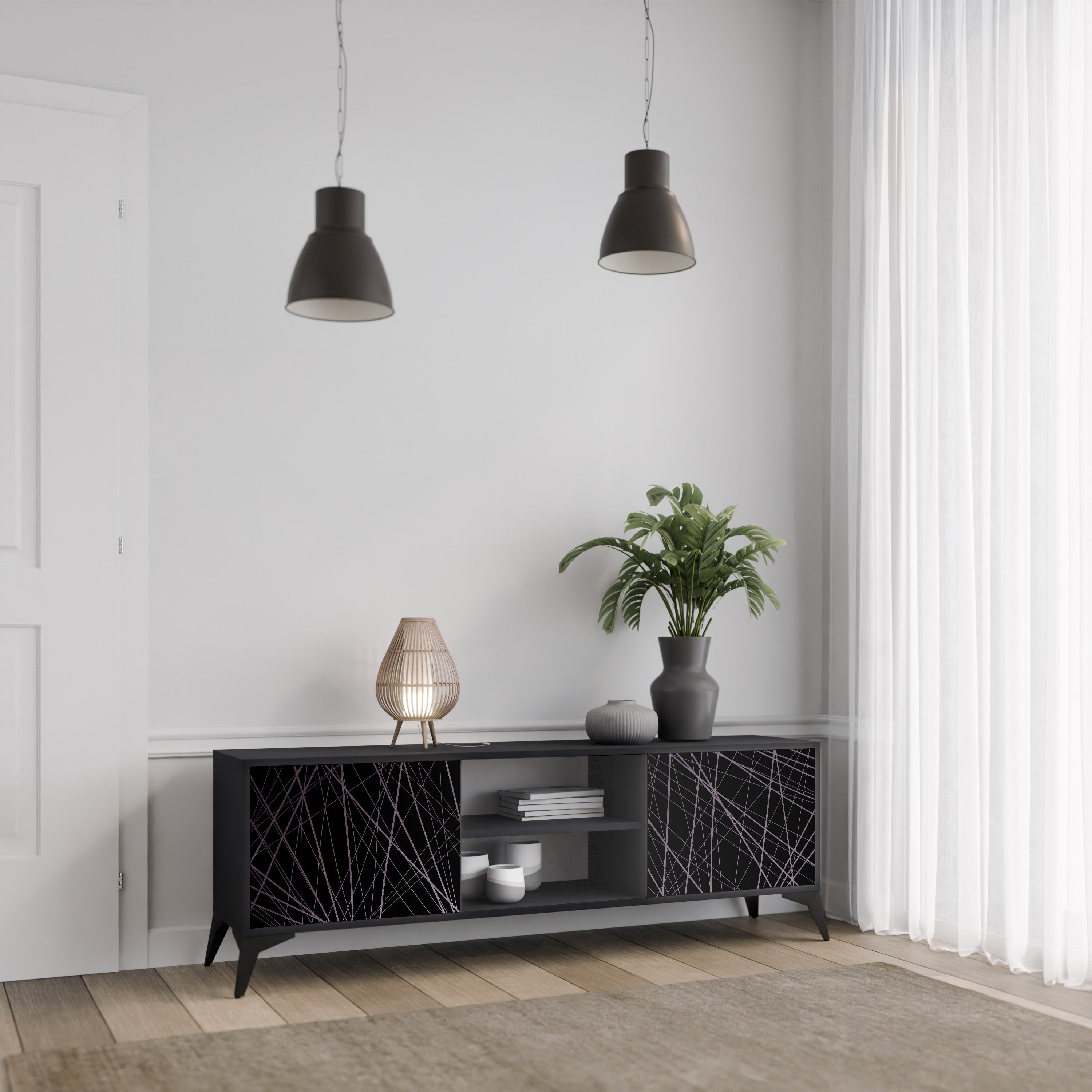 SHIMMER SPIDERGRAM 2-Door TV Stand in Black Finish